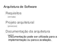 Arquitetura de Software
Requisitos
(entrada)
Projeto arquitetural
(processo)
Documentação da arquitetura
(saída)
Documentação pode ser utilizada para a
implementação ou para a avaliação.
 