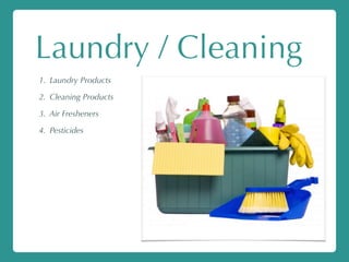 Laundry / Cleaning
1. Laundry Products
2. Cleaning Products
3. Air Fresheners
4. Pesticides
 