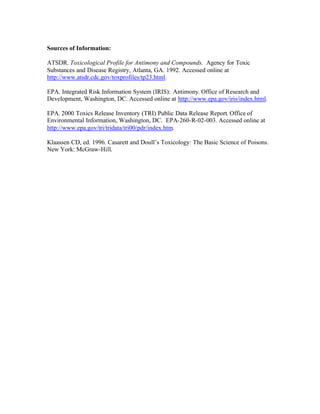 Sources of Information:
ATSDR. Toxicological Profile for Antimony and Compounds. Agency for Toxic
Substances and Disease Registry, Atlanta, GA. 1992. Accessed online at
http://www.atsdr.cdc.gov/toxprofiles/tp23.html.
EPA. Integrated Risk Information System (IRIS): Antimony. Office of Research and
Development, Washington, DC. Accessed online at http://www.epa.gov/iris/index.html.
EPA. 2000 Toxics Release Inventory (TRI) Public Data Release Report. Office of
Environmental Information, Washington, DC. EPA-260-R-02-003. Accessed online at
http://www.epa.gov/tri/tridata/tri00/pdr/index.htm.
Klaassen CD, ed. 1996. Casarett and Doull’s Toxicology: The Basic Science of Poisons.
New York: McGraw-Hill.
 