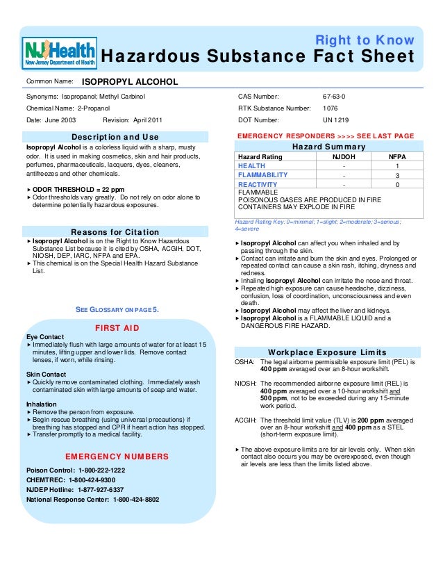Isopropyl Alcohol Hazardous Substance Fact Sheet