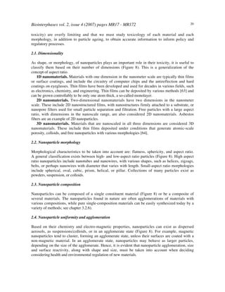 Biointerphases vol. 2, issue 4 (2007) pages MR17 - MR172 20
toxicity) are overly limiting and that we must study toxicology of each material and each
morphology, in addition to particle ageing, to obtain accurate information to inform policy and
regulatory processes.
2.1. Dimensionality
As shape, or morphology, of nanoparticles plays an important role in their toxicity, it is useful to
classify them based on their number of dimensions (Figure 8). This is a generalization of the
concept of aspect ratio.
1D nanomaterials. Materials with one dimension in the nanometer scale are typically thin films
or surface coatings, and include the circuitry of computer chips and the antireflection and hard
coatings on eyeglasses. Thin films have been developed and used for decades in various fields, such
as electronics, chemistry, and engineering. Thin films can be deposited by various methods [63] and
can be grown controllably to be only one atom thick, a so-called monolayer.
2D nanomaterials. Two-dimensional nanomaterials have two dimensions in the nanometer
scale. These include 2D nanostructured films, with nanostructures firmly attached to a substrate, or
nanopore filters used for small particle separation and filtration. Free particles with a large aspect
ratio, with dimensions in the nanoscale range, are also considered 2D nanomaterials. Asbestos
fibers are an example of 2D nanoparticles.
3D nanomaterials. Materials that are nanoscaled in all three dimensions are considered 3D
nanomaterials. These include thin films deposited under conditions that generate atomic-scale
porosity, colloids, and free nanoparticles with various morphologies [64].
2.2. Nanoparticle morphology
Morphological characteristics to be taken into account are: flatness, sphericity, and aspect ratio.
A general classification exists between high- and low-aspect ratio particles (Figure 8). High aspect
ratio nanoparticles include nanotubes and nanowires, with various shapes, such as helices, zigzags,
belts, or perhaps nanowires with diameter that varies with length. Small-aspect ratio morphologies
include spherical, oval, cubic, prism, helical, or pillar. Collections of many particles exist as
powders, suspension, or colloids.
2.3. Nanoparticle composition
Nanoparticles can be composed of a single constituent material (Figure 8) or be a composite of
several materials. The nanoparticles found in nature are often agglomerations of materials with
various compositions, while pure single-composition materials can be easily synthesized today by a
variety of methods; see chapter 3.2.6).
2.4. Nanoparticle uniformity and agglomeration
Based on their chemistry and electro-magnetic properties, nanoparticles can exist as dispersed
aerosols, as suspensions/colloids, or in an agglomerate state (Figure 8). For example, magnetic
nanoparticles tend to cluster, forming an agglomerate state, unless their surfaces are coated with a
non-magnetic material. In an agglomerate state, nanoparticles may behave as larger particles,
depending on the size of the agglomerate. Hence, it is evident that nanoparticle agglomeration, size
and surface reactivity, along with shape and size, must be taken into account when deciding
considering health and environmental regulation of new materials.
 