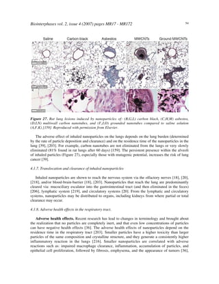 Biointerphases vol. 2, issue 4 (2007) pages MR17 - MR172 54
Figure 27. Rat lung lesions induced by nanoparticles of: (B,G,L) carbon black, (C,H,M) asbestos,
(D,I,N) multiwall carbon nanotubes, and (F,J,O) grounded nanotubes compared to saline solution
(A,F,K) [159]. Reproduced with permission from Elsevier.
The adverse effect of inhaled nanoparticles on the lungs depends on the lung burden (determined
by the rate of particle deposition and clearance) and on the residence time of the nanoparticles in the
lung [39], [203]. For example, carbon nanotubes are not eliminated from the lungs or very slowly
eliminated (81% found in rat lungs after 60 days) [159]. The persistent presence within the alveoli
of inhaled particles (Figure 27), especially those with mutagenic potential, increases the risk of lung
cancer [39].
4.1.7. Translocation and clearance of inhaled nanoparticles
Inhaled nanoparticles are shown to reach the nervous system via the olfactory nerves [18], [20],
[218], and/or blood-brain-barrier [18], [203]. Nanoparticles that reach the lung are predominantly
cleared via: mucociliary escalator into the gastrointestinal tract (and then eliminated in the feces)
[206], lymphatic system [219], and circulatory systems [20]. From the lymphatic and circulatory
systems, nanoparticles may be distributed to organs, including kidneys from where partial or total
clearance may occur.
4.1.8. Adverse health effects in the respiratory tract.
Adverse health effects. Recent research has lead to changes in terminology and brought about
the realization that no particles are completely inert, and that even low concentrations of particles
can have negative health effects [36]. The adverse health effects of nanoparticles depend on the
residence time in the respiratory tract [203]. Smaller particles have a higher toxicity than larger
particles of the same composition and crystalline structure, and they generate a consistently higher
inflammatory reaction in the lungs [216]. Smaller nanoparticles are correlated with adverse
reactions such as: impaired macrophage clearance, inflammation, accumulation of particles, and
epithelial cell proliferation, followed by fibrosis, emphysema, and the appearance of tumors [36],
 