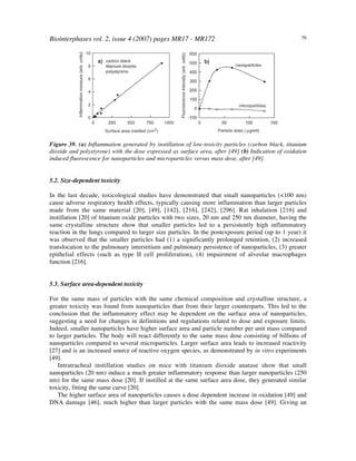 Biointerphases vol. 2, issue 4 (2007) pages MR17 - MR172 76
Figure 39. (a) Inflammation generated by instillation of low-toxicity particles (carbon black, titanium
dioxide and polystyrene) with the dose expressed as surface area, after [49] (b) Indication of oxidation
induced fluorescence for nanoparticles and microparticles versus mass dose, after [49].
5.2. Size-dependent toxicity
In the last decade, toxicological studies have demonstrated that small nanoparticles (<100 nm)
cause adverse respiratory health effects, typically causing more inflammation than larger particles
made from the same material [20], [49], [142], [216], [242], [296]. Rat inhalation [216] and
instillation [20] of titanium oxide particles with two sizes, 20 nm and 250 nm diameter, having the
same crystalline structure show that smaller particles led to a persistently high inflammatory
reaction in the lungs compared to larger size particles. In the postexposure period (up to 1 year) it
was observed that the smaller particles had (1) a significantly prolonged retention, (2) increased
translocation to the pulmonary interstitium and pulmonary persistence of nanoparticles, (3) greater
epithelial effects (such as type II cell proliferation), (4) impairment of alveolar macrophages
function [216].
5.3. Surface area-dependent toxicity
For the same mass of particles with the same chemical composition and crystalline structure, a
greater toxicity was found from nanoparticles than from their larger counterparts. This led to the
conclusion that the inflammatory effect may be dependent on the surface area of nanoparticles,
suggesting a need for changes in definitions and regulations related to dose and exposure limits.
Indeed, smaller nanoparticles have higher surface area and particle number per unit mass compared
to larger particles. The body will react differently to the same mass dose consisting of billions of
nanoparticles compared to several microparticles. Larger surface area leads to increased reactivity
[27] and is an increased source of reactive oxygen species, as demonstrated by in vitro experiments
[49].
Intratracheal instillation studies on mice with titanium dioxide anatase show that small
nanoparticles (20 nm) induce a much greater inflammatory response than larger nanoparticles (250
nm) for the same mass dose [20]. If instilled at the same surface area dose, they generated similar
toxicity, fitting the same curve [20].
The higher surface area of nanoparticles causes a dose dependent increase in oxidation [49] and
DNA damage [46], much higher than larger particles with the same mass dose [49]. Giving an
 