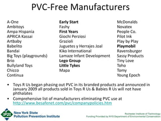 PVC-Free Manufacturers
• Toys R Us began phasing out PVC in its branded products and announced in
January 2009 all products sold in Toys R Us & Babies R Us will not have
phthalates
• Comprehensive list of manufacturers eliminating PVC use at
http://www.besafenet.com/pvc/companypolicies.htm
A-One
Ambitoys
Ampa Hispania
APRICA Kassai
Artbaby
Babelito
Bandai
Big Toys (playgrounds)
Brio
Bullyland Toys
Chicco
Continua
Early Start
Fashy
First Years
Giochi Perziosi
Grazioli
Juguetes y Herrajes Joal
Kiko International
Lamaze Infant Development
Lego Group
Little Tykes
Mapa
McDonalds
Novatex
People Co.
Pilot Ink
Play by Play
Playmobil
Ravensburger
Sassy Products
Tiny Love
Toho
Tomy
Young Epoch
 