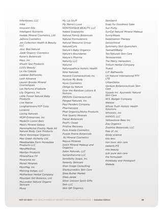 NOT SO SEXY: THE HEALTH RISKS OF SECRET CHEMICALS IN FRAGRANCE | Canadian Edition 35
Infantbows, LLC
Inika
Innocent Oils
Intelligent Nutrients
Iredale Mineral Cosmetics, Ltd.
JaDora Cosmetics
Jes Collection Health  Beauty,
LLC
Jess' Bee Natural
Jiade Organic Cosmetics
Karen's Botanicals
Keys, Inc.
Khushi Spa Products
LUVU Beauty
La Vie Celeste
Lalabee Bathworks
Lash Advance
Lauren Brooke Mineral
Cosmetiques
Les Parfums d'Isabelle
Lily Organics, Inc.
Little Forest Natural Baby
Products
Live Native
Longhairlovers/ICP Corp.
Loriannz
Loving Naturals
MOM Enterprises, Inc.
MadeOn Lotion Bars
Maia's Mineral Galaxy
MammaMichal Freshly Made All
Natural Body Care Products
Marie Veronique Organics
Max Green Alchemy Ltd.
Meadowlake Farm Honeybee
Products LLC
MendMeShop
Mexitan Products
MineralFace FX
Mixaroma Inc
Monet Minerals
MoniMay, Inc.
Morning Indigo, LLC
Motherlove Herbal Company
Mountain Girl Botanics, Ltd.
MuLondon Natural Organic
Skincare
Musq
My Lip Stuff
My Mama's Love
NONTOXIQUE BEAUTY, LLC
Naked Soapworks
Natural Family Botanicals
Natural Formulations
Natural Resource Group
NaturalCurls
Nature's Baby Organics
Nature's Boundaries
Nature's Pharma
Naturity LLC
Naturoli
Naturopathica Holistic Health
Nine Naturals
Novena Cosmeceuticals Inc
Nurture My Body
Nuvo Cosmetics
Oblige by Nature
Over the Rainbow Lotions 
Notions
PROVIN Cosmeceuticals
Pangea Naturals, Inc.
Paul Penders Company
Pharmacopia
Phat Organics/Aloha Products
Pink Quartz Minerals
Planet Botanicals
Poof's Closet
Pristine Recovery
Pure Anada Cosmetics
Purple Prairie Botanicals
RJ Mineral Cosmetics
Rejuva Minerals
SAXX Mineral Makeup and
Organics
Salon Naturals, LLC
Samantharoma LLC
Sensibility Soaps, Inc.
Serenity Skincare
Shan Image Consulting
SheAyurvedics Skin Care
Shea Butter Market
Shea-Janee
Silver Unicorn Spirit Gifts
Skin LLC
Skin QR Organics
SkinGenX
Soap for Goodness Sake
Sun Putty
SunCat Natural Mineral Makeup
SunnyWipes
Sweetsation Therapy
Swissclinical
Symmetry Skin Quenchers
TawnaHillBaby
Tea Naturals Skin Care
Terressentials
The Merry Hempsters
Trillium Herbal Company
Trukid
U.P. Bathworks
UV Natural International PTY
LTD
UrbanDetox
Verdure Botanoceuticals Skin
Care
Vysada Inc. Ayurvedic Natural
Skin Care
W.S. Badger Company
Welstar
Whole Truth Holistic Health
Solutions
Wholistic, Inc
XANGO, LLC
Yellowstone Bees Inc.
Zoe Organics
Zosimos Botanicals, LLC
free of, inc.
ibody science
lolo levu
non toxic skin care
radiantLIFE
rms beauty
suki pure skin care
the formulaah
thinkbaby and thinksport
Weleda
 