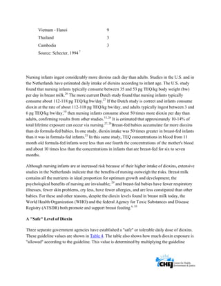      
 
 
Vietnam - Hanoi 9
Thailand 3
Cambodia 3
Source: Schecter, 1994 7
Nursing infants ingest considerably more dioxins each day than adults. Studies in the U.S. and in
the Netherlands have estimated daily intake of dioxins according to infant age. The U.S. study
found that nursing infants typically consume between 35 and 53 pg TEQ/kg body weight (bw)
per day in breast milk.26
The more current Dutch study found that nursing infants typically
consume about 112-118 pg TEQ/kg bw/day.27
If the Dutch study is correct and infants consume
dioxin at the rate of about 112-118 pg TEQ/kg bw/day, and adults typically ingest between 3 and
6 pg TEQ/kg bw/day,10
then nursing infants consume about 50 times more dioxin per day than
adults, confirming results from other studies.15, 26
It is estimated that approximately 10-14% of
total lifetime exposure can occur via nursing.27, 28
Breast-fed babies accumulate far more dioxins
than do formula-fed babies. In one study, dioxin intake was 50 times greater in breast-fed infants
than it was in formula-fed infants.23
In this same study, TEQ concentrations in blood from 11
month old formula-fed infants were less than one fourth the concentrations of the mother's blood
and about 10 times less than the concentrations in infants that are breast-fed for six to seven
months.
Although nursing infants are at increased risk because of their higher intake of dioxins, extensive
studies in the Netherlands indicate that the benefits of nursing outweigh the risks. Breast milk
contains all the nutrients in ideal proportion for optimum growth and development; the
psychological benefits of nursing are invaluable; 29
and breast-fed babies have fewer respiratory
illnesses, fewer skin problems, cry less, have fewer allergies, and are less constipated than other
babies. For these and other reasons, despite the dioxin levels found in breast milk today, the
World Health Organization (WHO) and the federal Agency for Toxic Substances and Disease
Registry (ATSDR) both promote and support breast feeding.6, 10
A "Safe" Level of Dioxin
Three separate government agencies have established a "safe" or tolerable daily dose of dioxins.
These guideline values are shown in Table 4. The table also shows how much dioxin exposure is
"allowed" according to the guideline. This value is determined by multiplying the guideline
 