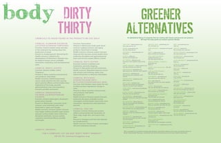 This is a partial list of companies making safer products. Check their websites and in your community, check out
Whole Foods Market, Pharmaca, Good Earth and all of the local businesses who stock healthy alternatives.
THIRTY
DIRTY
CHEMIC ALS TO AVOID FOUND IN THE PR ODUC TS WE USE DAILY
FOR A COMPLE TE LIST SEE OUR “DIR T Y THIR T Y HANDOUT ”
OR GO TO: teenstur ninggreen.org
CHEMIC AL: ALUMINUM ZIR CONIUM
and OTHER ALUMINUM COMPOUNDS
Function: Used to control sweat and odor
in the underarms by slowing down the
production of sweat.
Present in: Antiperspirants. Banned by EU.
Health concerns: Linked to the
development of Alzheimer’s Disease; may
be linked to breast cancer; probable
neurotoxin; respiratory, and developmental
toxin.
CHEMIC AL: BENZYL ACE TATE
Function: Solvent; hidden within
“fragrance.”
Present in: Many cosmetics and personal
care products, read labels.
Health concerns: Linked to pancreatic
cancer; easily absorbs into skin causing
quick systemic effects; animal studies show
hyperemia of the lungs; possible
gastrointestinal, liver, and respiratory
toxicant; possible neurotoxin.
CHEMIC AL: BENZALKONIUM
CHLORIDE and BENZE THONIUM
CHLORIDE
Function: Antimicrobial agent, deodorant,
preservative, biocide.
Present in: Moisturizer, sunscreen, facial
cleanser, acne treatment, pain relief.
Restricted in Japan and Canada.
Health concerns: Immune system toxicant;
may trigger asthma; possible organ system
toxicant; animal studies show endocrine
disruption and brain, nervous system,
respiratory and blood effects; possible
carcinogen.
CHEMIC AL: BR ONOPOL
Function: Preservative.
Present in: Moisturizer, body wash, facial
cleanser, makeup remover, anti-aging
products. Restricted in Canada.
Health concerns: Immune system toxicant;
lung and skin toxicant; animal studies show
endocrine disruption and gastrointestinal,
brain and nervous system effects; irritant.
CHEMIC AL: BUT YL ACE TATE
Function: Solvent in polishes and
treatments, prevents chipping.
Present in: Nail polish and nail treatments.
Health concerns: Repeated exposure causes
skin dryness and cracking; vapors may
induce drowsiness or dizziness; flammable.
CHEMIC AL: BUT YLATED
HYDR OX Y TOLUENE (BHT )/
BUT YLATED HYDR OX YANISOLE (BHA)
Function: Anti-Oxidant; slows down the rate
at which product ingredients change in
color.
Present in: Many cosmetics and personal
care products, read labels.
Banned by EU.
Health Concerns: Immune system toxicant;
endocrine disruptor; probable human
carcinogen; animal studies show brain, liver,
neurotoxin, reproductive and respiratory
toxicant.
CHEMIC AL: COAL TAR
Function: Controls itching and eczema,
softens and promotes the dissolution of
hard, scaly, rough skin, also used in hair
dyes.
Present in: Shampoo and Hair Dye. Banned
by Canada and EU.
Health concerns: Known human carcinogen;
skin and respiratory toxicant.
An alphabetical listing of companies that are creating safer beauty and personal care products.
We hope this helps guide you toward a greener lifestyle.
GREENER
ALTERNATIVES
100% PURE - 100percentpure.com
Skin, body and hair care
ACURE - acureorganics.com
Hair, skin, body, lip care
ACQUARELLA - acquarellapolish.com
Nail polish
ALAFFIA - alaffia.com
Hair, skin, lip and body care
ALL TERRAIN - allterrainco.com
Sunscreen, insect repellent, body, and lip
care
AUBREY ORGANICS - aubrey-organics.com
Hair, skin and body care, make-up
BADGER BALM - badgerbalm.com
Body and lip care, sunscreen, insect repellent
BENEDETTA - benedetta.com
Skin and body care, deodorant, hand
sanitizer
BUDDHA NOSE - buddhanose.com
Body and lip care
BURT’S BEES - burtsbees.com
Hair, skin, lip and body care, deodorant,
make-up, sunscreen, insect repellent
CORAL WHITE - coral-cure.com Toothpaste,
mouthwash
DESERT ESSENCE – desertessence.com
Body, skin, hair, lip, dental care
DR. BRONNER’S – drbronner.com
Body, skin and lip care, soap, bath, hair, hand
sanitizer
DR. HAUSCHKA – drhauschka.com
Hair, skin, lip and body care, deodorant,
make-up, sunscreen
DUCHESS MARDEN – duchessmarden.com
Skin and body care, anti-aging products
ERBAVIVA - erbaviva.com
Body, skin and lip care, deodorant, insect
repellent
EO PRODUCTS – eoproducts.com
Hair, skin, lip and body care, bath, essential
oils, hand sanitizer
EVAN HEALY - evanhealy.com
Skin and body care
FARMAESTHETICS - farmaesthetics.com
Skin, lip and body care
GRATEFUL BODY - gratefulbody.com
Skin and body care
HEMP ORGANICS - colorganics.net Lipstick,
liner
HUGO – hugonaturals.com
Bath and body care, deodorant
INTELLIGENT NUTRIENTS -
intelligentnutrients.com
Hair, skin, body and lip care
IREDALE MINERAL COSMETICS -
janeiredale.com
Make-up
JASON - jason-natural.com – Skin and
body care
JOHN MASTERS ORGANICS -
johnmasters.com
Hair, skin, lip and body care
JUICE BEAUTY - juicebeauty.com
Skin and lip care, hair, make-up
KEYS - keys-soap.com
Skin, body and hair care, insect repellent,
sunscreen
LAVERA - lavera-usa.com
Hair, skin, lip and body care, make-up
LOTUS MOON - smbessentials.com
Skin and body care, sunscreen
MARIE VERONIQUE ORGANICS -
mvorganics.com
Skin and body care, sunscreen
MGA - maxgreenalchemy.com
Hair, lip and body care, bath oil
MINERAL FUSION - mineralfusion.com
Make-up, nail polish, hair, body, skin care
MYCHELLE - mychelleusa.com
Skin, lip and body care
NATRACARE - natracare.com
Feminine hygiene, organic cotton wipes
NATUROPATHICA - naturopathica.com Skin
and body care
NEAL’S YARD REMEDIES -
us.nyrorganic.com
Skin, body, hair care, deodorant, sunscreen
NUDE SKIN CARE - nudeskincare.com Skin
care
NVEY - econveybeauty.com
Make-up
ODACITE - odacite.com
Skin and body care, sunscreen
PANGEA ORGANICS - pangeaorganics.com
Skin, lip and body care
PHARMACOPIA – pharmacopia.net
Skin and body care
PLAIN JANE BEAUTY - plainjanebeauty.net
Make-up
POMEGA5 - pomega5.com
Skin and body care
PRITTI NYC - pritinyc.com
Nail polish
RMS BEAUTY - rmsbeauty.com
Make-up
RIVER SOAP - riversoap.com
Soap and bath
SOULSTICE SPA - soulsticespa.com
Nail polish
SPA RITUAL - sparitual.com
Nail polish
SUKI NATURALS - sukisnaturals.com
Hair, skin, lip and body care, make-up
SWISSPERS ORGANIC - Organic cotton
balls, pads and swabs
TOMBOY SOAP - tomboysoap.com
Body and lip care
TRILLIUM ORGANICS -
trilliumorganics.com
Skin and body care
UV NATURAL - uvnatural.com
Sunscreen
WELEDA – usa.weleda.com
Hair, skin and body care, toothpaste
YES TO CARROTS – yestocarrots.com Hair,
skin, lip and body care
body
 