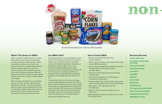 Become Informed
The Non-GMO Project
The Institute for Responsible
Technology
Center for Food Safety
Food Democracy Now
Just Label It!
Label GMOs
GM Watch
Seed Freedom
Mercola.com
RobinObrien.com
The Organic and Non-GMO Report
Union of Concerned Scientists
Biosafety Information Centre
GMO Myths and Truths
What’s The Scoop on GMOs
GMOs, or genetically modiﬁed organisms, are plants or
animals that have been created by an experimental
technology called Genetic Engineering (GE). Scientists
have fostered the ability to transfer DNA from one
species into the DNA of a completely different species, a
technique called gene splicing. This results in the
creation of organisms with combinations drawn from
plants, animals, bacteria and viral genes. GMOs were
created as a way to allow organisms to express desirable
traits that could not occur in nature or through traditional
cross breeding.
GMOs have been on the market for us to unkowningly
consume since 1994. Since then, GMOs have been
dominating our food supply. The long-term impacts of
GMOs are unknown, and once released they can never
be recalled. Most of today’s college students were born
between 1992 and 1995. That means we’ve been
eating GMOs our entire life and didn’t even know it.
Are GMOs Safe?
Most developed nations do not consider GMOs to be safe. In
more than 60 countries around the world, including China,
Australia, Japan, and all the countries in the European
Union, there are signiﬁcant restrictions or outright bans on
the production and sale of GMOs. In the U.S., the
government has approved GMOs based on studies
conducted by the same corporations that created them and
proﬁt from their sale. It is estimated that 80% of the
conventional food on supermarket shelves contains GMO
ingredients, but without GMO labeling we don't know for
sure.
The health risks of GMO’s and GE Crops are still largely
unknown though independent studies have shown that the
process of genetic mutation may cause the crops to become
toxic, allergenic and nutritionally deﬁcient compared to their
organic counterparts. GMO crops also use more herbicides
and pesticides while harming soil quality and biodiversity.
Increasingly, Americans are taking matters into their own
hands and choosing to opt out of the GMO experiment.
(Excerpted from NonGMOProject.com)
How to Avoid GMOs
• Become familiar with High-Risk GMO Crops
(and their derivatives)
• Shop for products with labels including USDA Certiﬁed Organic
and Non-GMO Product Veriﬁed
• Learn to read and understand labels, ingredient lists, and look
for #8 (Non-GMO) on the PLU code on produce
(#9 means organic)
• Purchase more whole foods and avoid processed foods
and supplements
• Avoid animal products that are not certiﬁed organic or
purchased from a trusted farmer
• Purchase clothing, towels, bedding and other textile products
made from certiﬁed organic cotton or other sustainable fabrics
• Plant a garden – start small and grow (use only
Non-GMO seeds)
• Become an informed consumer and speak up for your
Right to Know
Support participating companies and products that are enrolled
in the Non-GMO Project.
-non-
Conventional packaged foods containing GMO ingredients
 