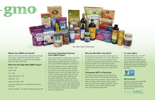 To Learn More
Visit the Non-GMO Project, a non proﬁt
that believes everyone deserves an
informed choice about whether or not to
consume genetically modiﬁed organisms
(GMOs). They have a comprehensive list of
thousands of companies and products who
are committed to building the Non-GMO
food supply.
Where Can GMOs be Found?
GMOs can be found in any product including produce, packaged
food, body care, supplements, cleaning products, clothing,
cotton bedding and more - products that contain ingredients
derived from high-risk GMO crops.
What Are the High Risk GMO Crops?
Soybeans – 94%
Canola – 90%
Corn – 88%
Cotton (cottonseed oil) – 90%
Sugar Beets – 95%
Papaya (from Hawaii) – 50%
Zucchini and Yellow Squash – (just cleared for GMO planting
by the FDA)
Potatoes and Alfalfa – (just cleared for GMO planting by the FDA)
Common Ingredients Derived
From GMO Crops?
Unless otherwise labeled as certiﬁed organic or Non-GMO
Project Veriﬁed, most processed foods often contain
hidden genetically modiﬁed ingredients. The following is a
list of common GMO derived ingredients to watch out for:
Amino Acids, aspartame, canola oil, cobalamin (Vitamin
B12), condensed milk, confectioners sugar, corn ﬂour,
corn meal, corn oil, corn sugar, corn syrup, cornstarch,
cottonseed oil, dextrin, dextrose, ﬂavorings (“natural” and
“artiﬁcial”), fructose, glucose, gluten, high fructose corn
syrup, hydrolyzed vegetable protein, isoﬂavones, lactic
acid, lecithin, maltodextrins, milk powder, molasses,
monosodium glutamate (MSG), sodium citrate, soy ﬂour,
soy isolates, soy lecithin, soy milk, soy oil, soy protein, soy
protein isolate, soy sauce, sucrose, sugar (unless speciﬁed
as cane sugar), tamari, tempeh, textured vegetable protein
(TVP), tofu, vegetable oil, vitamins, whey, whey powder,
xanthan gum, yeast products.
Why Are We Still in the Dark?
Big ag companies have a vested interest in GMO seeds, and
the pesticides and herbicides they use in tandem. GMO cotton,
soy, sugar beets and corn, which are manipulated to make
sweeteners and fats along with additives like high-fructose corn
syrup and soy lecithin, are in ready-made food, snacks,
condiments, juice, soda and cereal. Labeling these products
would affect close to 80% of processed, non-organic food in
the US.
Companies NOT to Patronize
The following companies support and utilize GMO farming
putting millions of dollars into the ﬁght against labeling laws.
Coca Cola, Pepsi, Frito Lay, Gatorade, Tropicana, Quaker, Kraft,
Nestle’s, Campbell’s, Hormel, Hershey, Godiva, Smuckers,
Ocean Spray, General Mills, Kellogg’s, Bumble Bee, Sara Lee,
Welch’s, Wrigley’s, Dole, Del Monte, Morton Salt, Bayer,
Clorox, Dow and Monsanto (partial listing).
-gmo-
Non-GMO Project Veriﬁed foods
Get Involved
Join Teens Turning Green and #NonGMO
Students for the Right to Know and
foster a revolution on your campus
working toward NonGMO dining halls
and campus stores.
#nonGMOstudents for the right to know
 