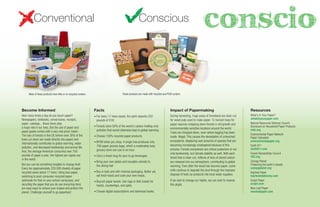 Conventional
Resources
What’s in Your Paper?
whatsinyourpaper.com
Natural Resources Defense Council
Scorecard on Household Paper Products
nrdc.org
Environmental Paper Network
Paper Calculator
environmentalpaper.org
Earth 911
earth911.com
Forest Stewardship Council
FSC.org
Canopy Planet
Protecting the earth’s forests
canopyplanet.org
Kejriwal Paper
kejriwalstationery.com
Ecojot Paper
ecojot.com
New Leaf Paper
newleafpaper.com
Become Informed
How many times a day do you touch paper?
Newspapers, textbooks, cereal boxes, receipts,
paper, catalogs... these items play
a huge role in our lives. But the use of paper and
paper goods comes with a very real price: trees!
The loss of forests in the US (where over 30% of the
trees cut down are made directly into paper) and
internationally contributes to global warming, water
pollution, and decreased biodiversity and animal life.
And, the average American consumes over 700
pounds of paper a year, the highest per capita use
in the world.
But you can do something tangible to change that!
Every ton (approximately 220,000 sheets) of paper
recycled saves about 17 trees. Using less paper,
switching to post-consumer recycled paper
(advocate for that on your school campuses), and
recycling the paper that you do use (recycling bins)
are easy ways to reduce your impact and protect the
planet. Challenge yourself to go paperless!
Facts
• For every 17 trees saved, the earth absorbs 250
pounds of CO2.
• Forests store 50% of the world's carbon holding onto
pollution that would otherwise lead to global warming.
• Choose 100% recycled paper products.
• BYOB when you shop. A single tree produces only
700 paper grocery bags, which a moderately busy
grocery store can use in an hour.
• Carry a travel mug for your to go beverages.
• Bring your own plates and reusable utensils to
the dining hall.
• Buy in bulk and with minimal packaging. Better yet,
eat fresh foods and cook your own meals.
• Boycott paper towels. Use rags or dish towels for
hands, countertops, and spills.
• Choose digital subscriptions and download books.
Impact of Papermaking
During harvesting, huge areas of forestland are clear-cut
for wood pulp used to make paper. To harvest trees for
paper requires chopping down forests in old growth and
environmentally sensitive locations around the world.
Trees are chopped down, even where logging has been
made illegal. This causes the devastation of untouched
ecosystems, displacing vast amounts of species that are
becoming increasingly endangered because of this
process. Forests everywhere are critical protectors of not
only biodiversity, but climate stability as well. With each
forest that is clear-cut, millions of tons of stored carbon
are released into our atmosphere, contributing to global
warming. Even after the wood has become paper, some
mills continue to degrade the land through the improper
disposal of toxic by-products into local water supplies.
If we start to change our habits, we can start to reverse
this plight.
Conscious
conscio
These products are made with recycled and PCW content.Most of these products have little or no recycled content.
 
