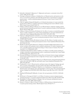 93 Exercise, physical activity,
and breast cancer
74.	 Kelesidis I, Kelesidis T, Mantzoros C. Adiponectin and cancer: a systematic review. Br J
Cancer. 2006; 94:1221-1225.
75.	 Tworoger S, Missmer S, Eliassen A, Barbieri R, et al. Physical activity and inactivity in rela-
tion to sex hormone, prolactin, and insulin-like growth factor concentrations in premeno-
pausal women – exercise and premenopausal hormones. Cancer Causes Control. 2007;
18(7):743-752.
76.	 Allen N, Appleby P, Kaaks R, Rinaldi S, et al. Lifestyle determinants of serum insulin-like
growth-factor-I (IGF-I), C-peptide and hormone binding protein levels in British women.
2003; Cancer Causes Control 14:65–74.
77.	 Eliakim A, Brasel J, Mohan S, Barstow T, et al. Physical fitness, endurance training, and the
growth hormone-insulin-like growth factor I system in adolescent females. J Clin Endocrinol
Metab 1996; 81:3986–3992.
78.	 Arikawa A, Kurzer M, Thomas W, Schmitz K. No effect of exercise on insulin-like growth
factor-1, insulin, and glucose in young women participating in a 16-week randomized con-
trolled trial. Cancer Epidemiol Biomarkers Prev 2010; 19(11):2987-2990.
79.	 Eliassen A, Spiegelman D, Xu X, Keefer L, et al. Urinary estrogens and estrogen metabolites
and subsequent risk of breast cancer among premenopausal women. Cancer Res 2012; Jan
16 [Epub ahead of print].
80.	 Smith A, Phipps W, Thomas W, Schmitz K, Kurzer M. The effects of aerobic exercise on
estrogen metabolism in healthy premenopausal women. Cancer Epidemiol Biomarkers Prev.
2013; 22(5):756-764.
81.	 Bradlow H, Hershcopf R, Martucci C, Fishman J. Estradiol 16alpha-hydroxylation in the
mouse correlates with mammary tumor incidence and presence of murine mammary tumor
virus: a possible model for the hormonal etiology of breast cancer in humans. Proc Natl
Acad Sci U S A 1985;82:6295–6299.
82.	 Campbell K, Westerlind K, Harber V, Bell G, et al. Effects of aerobic exercise training on
estrogen metabolism in premenopausal women: a randomized controlled trial. Cancer Epide-
miol Biomarkers Prev 2007;16:731–739.
83.	 Kossman D, Williams N, Domchek S, Kurzer M, et al. Exercise lowers estrogen and proges-
terone levels in premenopausal women at high risk of breast cancer. J Appl Physiol 2011;
111(6):1687-1693.
84.	 Peters T, Schatzkin A, Gierach G, Moore S, et al. Physical activity and postmenopausal breast
cancer risk in the NIH-AARP diet and health study. Cancer Epidemiol Biomarkers Prev.
2009; 18(1):289-296.
85.	 Friedenreich C, Cust A. Physical activity and breast cancer risk: impact of timing, type and
dose of activity, and population sub-group effects. Br J Sports Med 2008; 42:636–647.
86.	 Lynch B, Friedenreich C, Winkler E, Healy G, et al. Associations of objectively assessed
physical activity and sedentary time with biomarkers of breast cancer risk in postmenopausal
women: findings from NHANES (2003-2006). Breast Cancer Res Treat. 2011; 130(1):183-
194.
87.	 Hanahan D, Weinberg R. Hallmarks of cancer: the next generation. Cell 2011; 144(5):646-
674.
88.	 McTiernan A, Tworoger S, Ulrich C et al. Effect of exercise on serum estrogens in post-
menopausal women: a 12-month randomized clinical trial. 2004; Cancer Res 64:2923–2928
89.	 Monninkhof E, Peeters P, Schuit A. Design of the sex hormones and physical exercise
(SHAPE) study. 2007; BMC Public Health 7.
90.	 Stewart L, Earnest C, Blair S, Church T. Effects of different doses of physical activity on
C-reactive protein among women. Med Sci Sports Exerc 2010;42:70 1–7.
 