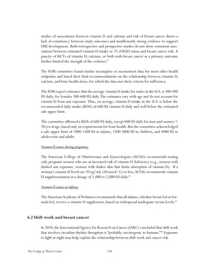 134The Ecology of Breast Cancer
studies of associations between vitamin D and calcium and risk of breast cancer shows a
lack of consistency between study outcomes and insufficiently strong evidence to support
DRI development. Both retrospective and prospective studies do not show consistent asso-
ciations between estimated vitamin D intake or 25 (OH)D status and breast cancer risk.A
paucity of RCTs of vitamin D, calcium, or both with breast cancer as a primary outcome
further limited the strength of the evidence.”
The IOM committee found similar incomplete or inconsistent data for most other health
endpoints and based their final recommendations on the relationship between vitamin D,
calcium, and bone health alone, for which the data met their criteria for sufficiency.
The IOM report estimates that the average vitamin D intake for males in the U.S. is 300-400
IU daily; for females 200-400 IU daily.The estimates vary with age and do not account for
vitamin D from sun exposure.Thus, on average, vitamin D intake in the U.S. is below the
recommended daily intake (RDA) of 600 IU vitamin D daily and well below the estimated
safe upper limit.
The committee affirmed a RDA of 600 IU daily, except 800 IU daily for men and women >
70 yrs of age,based only on requirements for bone health.But the committee acknowledged
a safe upper limit of 1000-1500 IU in infants, 2500-3000 IU in children, and 4000 IU in
adolescents and adults
Vitamin D status during pregnancy
The American College of Obstetricians and Gynecologists (ACOG) recommends testing
only pregnant women who are at increased risk of vitamin D deficiency (e.g., women with
limited sun exposure, women with darker skin that limits absorption of vitamin D). If a
woman’s vitamin D levels are 20 ng/mL (50 nmol/ L) or less,ACOG recommends vitamin
D supplementation in a dosage of 1,000 to 2,000 IU daily.42
Vitamin D status in infancy
TheAmericanAcademy of Pediatrics recommends that all infants, whether breast fed or for-
mula fed, receive a vitamin D supplement, based on widespread inadequate serum levels.43
6.2 Shift work and breast cancer
In 2010, the InternationalAgency for Research on Cancer (IARC) concluded that shift work
that involves circadian rhythm disruption is “probably carcinogenic to humans.”44
Exposure
to light at night may help explain the relationship between shift work and cancer risk.
 