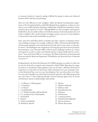 177 Designing for breast cancer
prevention and improved outcomes
in consumer products is required, making it difficult for people to make more informed
decisions about what they are purchasing.
There are some differences in the workplace. Under the Hazard Communication require-
ments of the Occupational Safety and Health Administration regulations, workers are enti-
tled to access to Material Safety Data Sheets (MSDS) that will help them identify the chemi-
cals they may be exposed to at work.58
Although MSDS are often incomplete with regard to
health effects, they do enable workers to identify the name(s) of chemicals produced or used
in their workplace.They can then further investigate toxicity concerns in various databases
or discuss them with an informed health care provider.59
Some states have undertaken efforts to identify and reduce exposure to hazardous chemi-
cals, including carcinogens. For example, California’s Office of Environmental Health Haz-
ardAssessment maintains a list of chemicals known by the state to cause cancer or reproduc-
tive harm.60
TheWashington state Department of Ecology has generated a list of persistent,
bioaccumulative, toxic chemicals (PBTs) with the intent of phasing out their use, release,
and exposures in order to reduce and eliminate threats to human health and the environ-
ment.61
Some of the listed PBTs are carcinogens.The Maine Department of Environmental
Protection and the Minnesota Department of Health have also generated lists of chemicals
of concern.62,63
In Massachusetts, theToxics Use Reduction Act (TURA) program is an effort to reduce the
use of toxic chemicals in companies and communities. UnderTURA, Massachusetts compa-
nies that use or manufacture large quantities of any one of nearly 1,500 listed chemicals are
required to: (1) report their use and release of these chemicals every year; (2) prepare aTox-
ics Use Reduction Plan every two years describing how they can reduce their use of them.
A recent report identifies uses and trends of chemicals reported to theTURA program that
may cause cancer.64,65
Those linked specifically to breast/mammary gland cancer in at least
one laboratory animal or epidemiologic study include:
1. 1,2-dibromo-3-chloropropane			 11. Dioxins
2. 1,3-butadiene					 12. Ethylene dichloride
3. 1,4-dioxane					 13. Ethylene oxide
4. 2-methylaziridine				 14. Hexachlorobenzene
5. 3.3’-dichlorobenzidine dihydrochloride 		 15. Hydrazine
6. 4.4’-methylene bis(2-chloroaniline)		 16. Nitrobenzene
7. Acrylonitrile					17. o-aminoazotoluene
8. Benzene					 18. Polychlorinated biphenyls
9. Carbon tetrachloride				 19. Styrene monomer
10. Methylene chloride				 20. Toluene diisocyanate
 