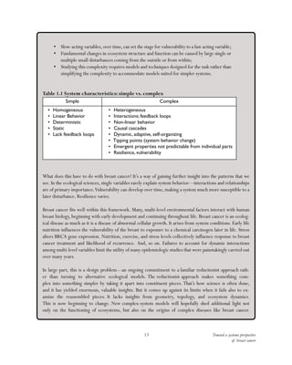 Toward a systems perspective
of breast cancer
13
•	 Slow-acting variables,over time,can set the stage for vulnerability to a fast-acting variable;
•	 Fundamental changes in ecosystem structure and function can be caused by large single or
multiple small disturbances coming from the outside or from within;
•	 Studying this complexity requires models and techniques designed for the task rather than
simplifying the complexity to accommodate models suited for simpler systems.
Table 1.1 System characteristics: simple vs. complex
Simple Complex
•	 Homogeneous
•	 Linear Behavior
•	 Deterministic
•	 Static
•	 Lack feedback loops
•	 Heterogeneous
•	 Interactions; feedback loops
•	 Non-linear behavior
•	 Causal cascades
•	 Dynamic, adaptive, self-organizing
•	 Tipping points (system behavior change)
•	 Emergent properties not predictable from individual parts
•	 Resilience, vulnerability
What does this have to do with breast cancer? It’s a way of gaining further insight into the patterns that we
see. In the ecological sciences, single variables rarely explain system behavior—interactions and relationships
are of primary importance.Vulnerability can develop over time, making a system much more susceptible to a
later disturbance. Resilience varies.
Breast cancer fits well within this framework. Many, multi-level environmental factors interact with human
breast biology, beginning with early development and continuing throughout life. Breast cancer is an ecolog-
ical disease as much as it is a disease of abnormal cellular growth. It arises from system conditions. Early life
nutrition influences the vulnerability of the breast to exposure to a chemical carcinogen later in life. Stress
alters BRCA gene expression. Nutrition, exercise, and stress levels collectively influence response to breast
cancer treatment and likelihood of recurrence. And, so on. Failures to account for dynamic interactions
among multi-level variables limit the utility of many epidemiologic studies that were painstakingly carried out
over many years.
In large part, this is a design problem—an ongoing commitment to a familiar reductionist approach rath-
er than turning to alternative ecological models. The reductionist approach makes something com-
plex into something simpler by taking it apart into constituent pieces. That’s how science is often done,
and it has yielded enormous, valuable insights. But it comes up against its limits when it fails also to ex-
amine the reassembled pieces. It lacks insights from geometry, topology, and ecosystem dynamics.
This is now beginning to change. New complex-system models will hopefully shed additional light not
only on the functioning of ecosystems, but also on the origins of complex diseases like breast cancer.
 