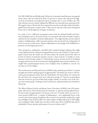 87 Exercise, physical activity,
and breast cancer
The NIH-AARP Diet and Health study (90 percent Caucasian) found that post-menopausal
breast cancer risk was reduced by about 13 percent in women who reported the high-
est levels of relatively recent physical activity at baseline after 7 years of follow up.84
The
risk reduction was not entirely explained by BMI and was somewhat more pronounced for
ER-negative tumors.This has also been reported in some but not all other studies that distin-
guished tumor hormone-receptor status.85
Thus exercise may also reduce post-menopausal
breast cancer risk through non-estrogenic mechanisms.
In a study of over 1,000 post-menopausal women from the National Health and Nutri-
tion Examination Survey, increased activity was associated with reduced insulin resistance
and lower levels of markers of chronic inflammation.86
Even light-intensity activity reduced
markers of inflammation, while increased sedentary time increased levels, independent of
levels of exercise at other times. Chronic inflammation is increasingly well-established as a
promoter of carcinogenic processes.87
Three prospective, randomized, controlled trials examined biologic pathways that might
connect physical activity with post-menopausal breast cancer risk.A study of 173 post-meno-
pausal women from the Seattle area (87 intervention, 86 control) assessed the effect of
at least 45 minutes of moderate-intensity exercise, 5 days/week for 12 months on serum
hormone levels and other markers.88
It showed that exercise can lower levels of circulating
estrogens and increase levels of sex hormone binding globulin in previously sedentary, over-
weight/obese postmenopausal women. Loss of adipose tissue in addition to exercise was
necessary to see the changes.
The Sex Hormones and Physical Exercise (SHAPE) study randomly prescribed a 12-month
strength and aerobic training program of approximately 150 minutes per week to 189 sed-
entary post-menopausal women from the Netherlands. (96 intervention, 93 controls) At
the end of the year, estrogen levels were reduced an average of 17 percent in participants
who lost at least two percent of their body weight, whether or not they were in the exer-
cise-intervention group.89
Androgen levels (testosterone, androstenedione) also declined in
that group.
The Alberta Physical Activity and Breast Cancer Prevention (ALPHA) trial (320 partici-
pants; 160 exercise, 160 controls) involved a moderate- to vigorous-intensity physical activ-
ity intervention of approximately 225 min per week over 12 months.After one year, C-re-
active protein (CRP) levels—a marker of inflammation—were significantly lower in the
exercise-intervention group, though the effect seemed to be primarily mediated by weight
loss and higher levels of dietary fiber.Two other markers of inflammation (IL-6,TNF-alpha)
were unchanged. Other studies have not observed the same effect on CRP but this may be
attributable to lower intensity and amounts of exercise in those trials.90,91
 