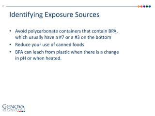 • Avoid polycarbonate containers that contain BPA,
which usually have a #7 or a #3 on the bottom
• Reduce your use of canned foods
• BPA can leach from plastic when there is a change
in pH or when heated.
Identifying Exposure Sources
27
 