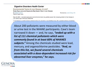About 200 pollutants were measured by either blood
or urine test in the NHANE participants. Cave's team
narrowed it down — and, he says, “ended up with a
list of 111 chemical pollutants which were
commonly found in at least 60% of NHANES
subjects.” Among the chemicals studied were lead,
mercury, and organochlorine pesticides. “And, so
from this list, we found several chemicals
associated with a dose-dependent increased risk for
abnormal liver enzymes,” he says.
 