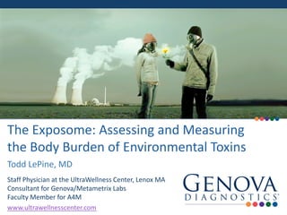 The Exposome: Assessing and Measuring
the Body Burden of Environmental Toxins
Todd LePine, MD
Staff Physician at the UltraWellness Center, Lenox MA
Consultant for Genova/Metametrix Labs
Faculty Member for A4M
www.ultrawellnesscenter.com
 