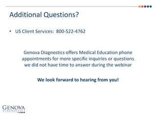 • US Client Services: 800-522-4762
Genova Diagnostics offers Medical Education phone
appointments for more specific inquiries or questions
we did not have time to answer during the webinar
We look forward to hearing from you!
Additional Questions?
 