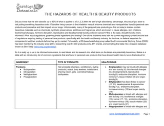 THE HAZARDS OF HEALTH & BEAUTY PRODUCTS
Did you know that the skin absorbs up to 60% of what is applied to it? (1,2,3) With the skin’s high absorbency percentage, why would you want to
risk putting something hazardous onto it? Another rising concern is the inhalation risks of airborne chemicals and nanoparticles found in personal care
products and cosmetics and their impact on our lungs. Unfortunately, many of the personal care products you find on today’s shelves contain
hazardous materials such as chemicals, synthetic preservatives, additives and fragrances, which are known to cause allergies, skin irritations,
biochemical changes, hormone disruption, reproductive and developmental toxicity and even cancer! If this is the case, shouldn’t we be more
informed? What about regulations governing these ingredients and testing? One of the problems rests with the current regulatory system and the lack
of regulations requiring testing of personal care products, specifically with the health and beauty industry. At this time, no federal law exists for
companies to test their products before they get to market. Fortunately, a DC­based watchdog group called the Environmental Working Group (EWG)
has been monitoring the industry since 2004, researching over 67,000 products and 2,511 brands, and compiling that data into a massive database
known as Skin Deep (www.ewg.org/skindeep).
So it is really up to us to be informed consumers, to read labels and do research into what items on the labels are potentially hazardous. Below is a
table with an introductory list of common ingredients that are found in personal care products that have known health risks to be on the lookout for:
INGREDIENT TYPE OF PRODUCTS HEALTH RISKS
Parabens:
● Butylparaben
● Ethylparaben
● Methylparaben
● Propylparaben
Hair products (shampoo, conditioners, styling
products), soaps, body washes, moisturizers,
shaving cream, gels, cosmetics/makeup,
toothpastes.
● Butylparaben may be linked with allergies
and skin toxicity (4), biochemical changes
(5), developmental & reproductive
toxicity(6), endocrine disruption, hormone
mimicry(7), tissue irritation (8) and organ
toxicity(9).
● Ethylparaben has been linked to cancer
(10, 11), developmental & reproductive
toxicity (12),  endocrine disruption,
hormone mimicry (13) and organ toxicity
(14)
● Methylparaben is linked with allergies and
skin toxicity (15), biochemical changes
(16), cancer (17, 18),  endocrine disruption,
hormone mimicry (19), tissue irritation (20)
and organ toxicity (21)
● Propylparaben is linked with allergies and
www.saratogabotanicals.com        Page 1
 