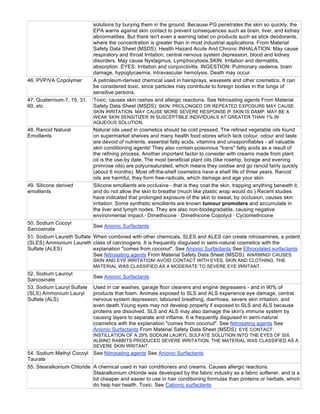 solutions by burying them in the ground. Because PG penetrates the skin so quickly, the
EPA warns against skin contact to prevent consequences such as brain, liver, and kidney
abnormalities. But there isn't even a warning label on products such as stick deodorants,
where the concentration is greater than in most industrial applications. From Material
Safety Data Sheet (MSDS): Health Hazard Acute And Chronic INHALATION: May cause
respiratory and throat Irritation, central nervous system depression, blood and kidney
disorders. May cause Nystagmus, Lymphocytosis.SKIN: Irritation and dermatitis,
absorption. EYES: Irritation and conjunctivitis. INGESTION: Pulmonary oedema, brain
damage, hypoglycaemia, intravascular hemolysis. Death may occur.
46. PVP/VA Copolymer A petroleum-derived chemical used in hairsprays, wavesets and other cosmetics. It can
be considered toxic, since particles may contribute to foreign bodies in the lungs of
sensitive persons.
47. Quaternium-7, 15, 31,
60, etc
Toxic, causes skin rashes and allergic reactions. See Nitrosating agents From Material
Safety Data Sheet (MSDS): SKIN: PROLONGED OR REPEATED EXPOSURE MAY CAUSE
SKIN IRRITATION. MAY CAUSE MORE SEVERE RESPONSE IF SKIN IS DAMP. MAY BE A
WEAK SKIN SENSITIZER IN SUSCEPTIBLE INDIVIDUALS AT GREATER THAN 1% IN
AQUEOUS SOLUTION.
48. Rancid Natural
Emollients
Natural oils used in cosmetics should be cold pressed. The refined vegetable oils found
on supermarket shelves and many health food stores which lack colour, odour and taste
are devoid of nutrients, essential fatty acids, vitamins and unsaponifiables - all valuable
skin conditioning agents! They also contain poisonous "trans" fatty acids as a result of
the refining process. Another important factor to consider with creams made from plant
oil is the use-by date. The most beneficial plant oils (like rosehip, borage and evening
primrose oils) are polyunsaturated, which means they oxidise and go rancid fairly quickly
(about 6 months). Most off-the-shelf cosmetics have a shelf life of three years. Rancid
oils are harmful, they form free-radicals, which damage and age your skin.
49. Silicone derived
emollients
Silicone emollients are occlusive - that is they coat the skin, trapping anything beneath it,
and do not allow the skin to breathe (much like plastic wrap would do.) Recent studies
have indicated that prolonged exposure of the skin to sweat, by occlusion, causes skin
irritation. Some synthetic emollients are known tumour promoters and accumulate in
the liver and lymph nodes. They are also non-biodegradable, causing negative
environmental impact.· Dimethicone · Dimethicone Copolyol · Cyclomethicone
50. Sodium Cocoyl
Sarcosinate
See Anionic Surfactants
51. Sodium Laureth Sulfate
(SLES) Ammonium Laureth
Sulfate (ALES)
When combined with other chemicals, SLES and ALES can create nitrosamines, a potent
class of carcinogens. It is frequently disguised in semi-natural cosmetics with the
explanation "comes from coconut". See Anionic Surfactants See Ethoxylated surfactants
See Nitrosating agents From Material Safety Data Sheet (MSDS): WARNING! CAUSES
SKIN AND EYE IRRITATION! AVOID CONTACT WITH EYES, SKIN AND CLOTHING. THE
MATERIAL WAS CLASSIFIED AS A MODERATE TO SEVERE EYE IRRITANT.
52. Sodium Lauroyl
Sarcosinate
See Anionic Surfactants
53. Sodium Lauryl Sulfate
(SLS) Ammonium Lauryl
Sulfate (ALS)
Used in car washes, garage floor cleaners and engine degreasers - and in 90% of
products that foam. Animals exposed to SLS and ALS experience eye damage, central
nervous system depression, laboured breathing, diarrhoea, severe skin irritation, and
even death.Young eyes may not develop properly if exposed to SLS and ALS because
proteins are dissolved. SLS and ALS may also damage the skin's immune system by
causing layers to separate and inflame. It is frequently disguised in semi-natural
cosmetics with the explanation "comes from coconut". See Nitrosating agents See
Anionic Surfactants From Material Safety Data Sheet (MSDS): EYE CONTACT:
INSTILLATION OF A 29% SODIUM LAURYL SULFATE SOLUTION INTO THE EYES OF SIX
ALBINO RABBITS PRODUCED SEVERE IRRITATION. THE MATERIAL WAS CLASSIFIED AS A
SEVERE SKIN IRRITANT.
54. Sodium Methyl Cocoyl
Taurate
See Nitrosating agents See Anionic Surfactants
55. Stearalkonium Chloride A chemical used in hair conditioners and creams. Causes allergic reactions.
Stearalkonium chloride was developed by the fabric industry as a fabric softener, and is a
lot cheaper and easier to use in hair conditioning formulas than proteins or herbals, which
do help hair health. Toxic. See Cationic surfactants
 