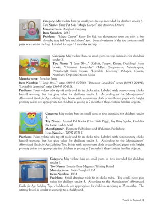 Trouble in Toyland 34
Category: May violate ban on small parts in toys intended for children under 3.
Toy Name: Sassy Pet Saks “Magic Carpet” and Assorted Others
Manufacturer: Douglas Company
Item Number: 2067
Problem: “Magic Carpet” Sassy Pet Sak has rhinestone sewn on with a few
threads; may fail “use and abuse” test. Several varieties of the toy contain small
parts sewn on to the bag. Labeled for ages 18 months and up.
Category: May violate ban on small parts in toys intended for children
under 3.
Toy Name: “I Love My…” (Rabbit, Puppy, Kitten, Duckling) foam
books; “Dinosaur Loveables” (T-Rex, Stegosaurus, Velociraptor,
Pterodactyl) foam books; “Loveable Learning” (Shapes, Colors,
Numbers, Opposites) foam books
Manufacturer: Paradise Press
Item Number: “I Love My…” series (86943 00796); “Dinosaur Loveables” series (86943 00491);
“Loveable Learning” series (86943 00492).
Problem: Foam velcro tabs rip off easily and fit in choke tube. Labeled with non-statutory choke
hazard warning, but has play value for children under 3. According to the Manufacturers’
Abbreviated Guide for Age Labeling Toys, books with easy-to-turn cloth or cardboard pages with bright
primary colors are appropriate for children as young as 7 months if they contain familiar objects.
Category: May violate ban on small parts in toys intended for children under
3.
Toy Name: Animal Pal Books (This Little Piggy, Itsy Bitsy Spider, Cuddles
the Cow, Teddy Bear)
Manufacturer: Playmore Publishers and Waldman Publishing
Item Number: 70097 00215
Problem: Foam velcro tabs rip off easily and fit in choke tube. Labeled with non-statutory choke
hazard warning, but has play value for children under 3. According to the Manufacturers’
Abbreviated Guide for Age Labeling Toys, books with easy-to-turn cloth or cardboard pages with bright
primary colors are appropriate for children as young as 7 months if they contain familiar objects.
Category: May violate ban on small parts in toys intended for children
under 3.
Toy Name: Bonnie Bear Magnetic Writing Board
Manufacturer: Bazic/Bangkit USA
Item Number: 1834
Problem: Small drawing tools fit in choke tube. Toy could have play
value for children under 3. According to the Manufacturers’ Abbreviated
Guide for Age Labeling Toys, chalkboards are appropriate for children as young as 25 months. The
writing board is similar in concept to a chalkboard.
 