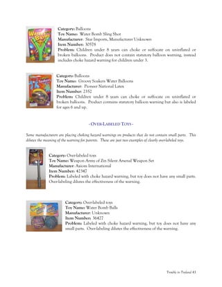 Trouble in Toyland 43
Category: Balloons
Toy Name: Water Bomb Sling Shot
Manufacturer: Star Imports, Manufacturer Unknown
Item Number: 30578
Problem: Children under 8 years can choke or suffocate on uninflated or
broken balloons. Product does not contain statutory balloon warning, instead
includes choke hazard warning for children under 3.
Category: Balloons
Toy Name: Groovy Soakers Water Balloons
Manufacturer: Pioneer National Latex
Item Number: 2352
Problem: Children under 8 years can choke or suffocate on uninflated or
broken balloons. Product contains statutory balloon warning but also is labeled
for ages 6 and up.
- OVER-LABELED TOYS -
Some manufacturers are placing choking hazard warnings on products that do not contain small parts. This
dilutes the meaning of the warning for parents. These are just two examples of clearly over-labeled toys.
Category: Over-labeled toys
Toy Name: Weapon Army of Zin Silent Arsenal Weapon Set
Manufacturer: Axiom International
Item Number: 42347
Problem: Labeled with choke hazard warning, but toy does not have any small parts.
Over-labeling dilutes the effectiveness of the warning.
Category: Over-labeled toys
Toy Name: Water Bomb Balls
Manufacturer: Unknown
Item Number: 36427
Problem: Labeled with choke hazard warning, but toy does not have any
small parts. Over-labeling dilutes the effectiveness of the warning.
 