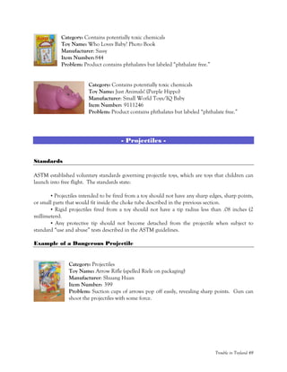 Trouble in Toyland 49
Category: Contains potentially toxic chemicals
Toy Name: Who Loves Baby? Photo Book
Manufacturer: Sassy
Item Number:844
Problem: Product contains phthalates but labeled “phthalate free.”
Category: Contains potentially toxic chemicals
Toy Name: Just Animals! (Purple Hippo)
Manufacturer: Small World Toys/IQ Baby
Item Number: 9111246
Problem: Product contains phthalates but labeled “phthalate free.”
- Projectiles -
Standards
ASTM established voluntary standards governing projectile toys, which are toys that children can
launch into free flight. The standards state:
• Projectiles intended to be fired from a toy should not have any sharp edges, sharp points,
or small parts that would fit inside the choke tube described in the previous section.
• Rigid projectiles fired from a toy should not have a tip radius less than .08 inches (2
millimeters).
• Any protective tip should not become detached from the projectile when subject to
standard “use and abuse” tests described in the ASTM guidelines.
Example of a Dangerous Projectile
Category: Projectiles
Toy Name: Arrow Rifle (spelled Riele on packaging)
Manufacturer: Shuang Huan
Item Number: 399
Problem: Suction cups of arrows pop off easily, revealing sharp points. Gun can
shoot the projectiles with some force.
 
