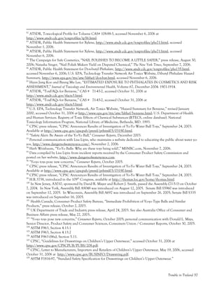 Trouble in Toyland 57
82
ATSDR, Toxicological Profile for Toluene CAS# 108-88-3, accessed November 6, 2006 at
http://www.atsdr.cdc.gov/toxprofiles/tp56.html.
83
ATSDR, Public Health Statement for Xylene, http://www.atsdr.cdc.gov/toxprofiles/phs71.html, accessed
November 1, 2006.
84
ATSDR, Public Health Statement for Xylene, http://www.atsdr.cdc.gov/toxprofiles/phs71.html, accessed
November 6, 2006.
85
The Campaign for Safe Cosmetics, “NAIL POLISHES TO BECOME A LITTLE SAFER,” press release, August 30,
2006; Natasha Singer, “Nail Polish Makers Yield on Disputed Chemical,” The New York Times, September 7, 2006.
86
ATSDR, Public Health Statement for Di-n-butyl Phthalate, http://www.atsdr.cdc.gov/toxprofiles/phs135.html,
accessed November 6, 2006; U.S. EPA, Technology Transfer Network Air Toxics Website, Dibutyl Phthalate Hazard
Summary, http://www.epa.gov/ttn/atw/hlthef/di-n-but.html, accessed November 6, 2006.
87
Hyun Jung Koo and Byung Mu Lee, “ESTIMATED EXPOSURE TO PHTHALATES IN COSMETICS AND RISK
ASSESSMENT,” Journal of Toxicology and Environmental Health, Volume 67, December 2004: 1901-1914.
88
ATSDR, “ToxFAQs for Benzene,” CAS # 71-43-2, accessed October 31, 2006 at
http://www.atsdr.cdc.gov/tfacts3.html.
89
ATSDR, “ToxFAQs for Benzene,” CAS # 71-43-2, accessed October 31, 2006 at
http://www.atsdr.cdc.gov/tfacts3.html.
90
U.S. EPA, Technology Transfer Network, Air Toxics Website, “Hazard Summary for Benzene,” revised January
2000, accessed October 31, 2006 at http://www.epa.gov/ttn/atw/hlthef/benzene.html; U.S. Department of Health
and Human Services. Registry of Toxic Effects of Chemical Substances (RTECS, online database). National
Toxicology Information Program, National Library of Medicine, Bethesda, MD. 1993.
91
CPSC press release, “CPSC Announces Results of Investigation of Yo-Yo Water Ball Toys,” September 24, 2003.
Available at http://www.cpsc.gov/cpscpub/prerel/prhtml03/03190.html.
92
“Safety Alert: Be Aware of the Yo-Yo Ball,” Consumer Reports, December 2003.
93
Personal communication with Lisa Lipin, who maintains a website dedicated to educating the public about water yo-
yos, http://www.dangersofwateryoyos.com/, November 2, 2006.
94
Herb Weisbaum, “Yo-Yo Balls: Why are these toys being sold?,” MSNBC.com, November 7, 2006.
95
Data compiled by Lisa Lipin from incident reports received by the Consumer Product Safety Commission and
posted on her website, http://www.dangersofwateryoyos.com.
96
“Yo-yo toys pose new concerns,” Consumer Reports, October 2005.
97
CPSC press release, “CPSC Announces Results of Investigation of Yo-Yo Water Ball Toys,” September 24, 2003.
Available at http://www.cpsc.gov/cpscpub/prerel/prhtml03/03190.html.
98
CPSC press release, “CPSC Announces Results of Investigation of Yo-Yo Water Ball Toys,” September 24, 2003.
99
H.R.3738, introduced in the 109th
Congress, available at http://thomas.loc.gov/home/thomas.html.
100
In New Jersey, A3010, sponsored by David R. Mayer and Robert J. Smith, passed the Assembly (71-5-1) on October
7, 2004. In New York, Assembly Bill A9048 was introduced on August 12, 2005. Senate Bill S5960 was introduced
on September 12, 2005. In Wisconsin, Assembly Bill A692 was introduced on September 26, 2005; Senate Bill S335
was introduced on September 16, 2005.
101
Health Canada, Consumer Product Safety Bureau, “Immediate Prohibition of Yo-yo Type Balls and Similar
Products,” press release, October 2, 2003.
102
UK Department of Trade and Industry press release, April 24, 2003. See also Australia Office of Consumer and
Business Affairs press release, May 22, 2003..
103
“Yo-yo toys pose new concerns,” Consumer Reports, October 2005; personal communication with Donald L. Mays,
Senior Director, Product Safety and Consumer Sciences, Consumers Union / Consumer Reports, October 30, 2005.
104
ASTM F963, Section 4.13.1
105
ASTM F963, Section 4.13.2
106
ASTM F963 (96a), Section 5.11.
107
CPSC, “Guidelines for Drawstrings on Children’s Upper Outerwear,” accessed October 31, 2006 at
http://www.cpsc.gov/CPSCPUB/PUBS/208.pdf.
108
CPSC, Letter to Manufacturers, Importers and Retailers of Children’s Upper Outerwear, May 19, 2006, accessed
October 31, 2006 at http://www.cpsc.gov/BUSINFO/Drawstring.pdf.
109
ASTM F1816-97, “Standard Safety Specification for Drawstrings on Children’s Upper Outerwear.”
 