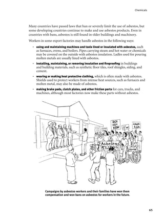 65
Chemicals
Campaigns by asbestos workers and their families have won them
compensation and won bans on asbestos for workers in the future.
Many countries have passed laws that ban or severely limit the use of asbestos, but
some developing countries continue to make and use asbestos products. Even in
countries with bans, asbestos is still found in older buildings and machinery.
Workers in some export factories may handle asbestos in the following ways:
using and maintaining machines and tools lined or insulated with asbestos, such
as furnaces, ovens, and boilers. Pipes carrying steam and hot water or chemicals
may be covered on the outside with asbestos insulation. Ladles used for pouring
molten metals are usually lined with asbestos.
installing, maintaining, or removing insulation and ﬁreprooﬁng in buildings
and building materials, such as synthetic ﬂoor tiles, roof shingles, siding, and
cement.
wearing or making heat protective clothing, which is often made with asbestos.
Shields used to protect workers from intense heat sources, such as furnaces and
molten metal, may also be made of asbestos.
making brake pads, clutch plates, and other friction parts for cars, trucks, and
machines, although most factories now make these parts without asbestos.
•
•
•
•
 