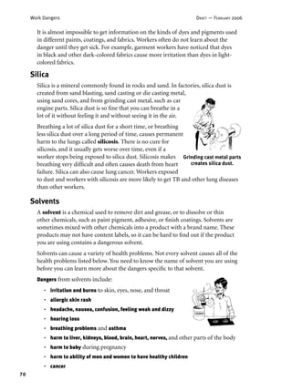 70
Work Dangers DRAFT — FEBRUARY 2006
It is almost impossible to get information on the kinds of dyes and pigments used
in different paints, coatings, and fabrics. Workers often do not learn about the
danger until they get sick. For example, garment workers have noticed that dyes
in black and other dark-colored fabrics cause more irritation than dyes in light-
colored fabrics.
Silica
Silica is a mineral commonly found in rocks and sand. In factories, silica dust is
created from sand blasting, sand casting or die casting metal,
using sand cores, and from grinding cast metal, such as car
engine parts. Silica dust is so ﬁne that you can breathe in a
lot of it without feeling it and without seeing it in the air.
Breathing a lot of silica dust for a short time, or breathing
less silica dust over a long period of time, causes permanent
harm to the lungs called silicosis. There is no cure for
silicosis, and it usually gets worse over time, even if a
worker stops being exposed to silica dust. Silicosis makes
breathing very difﬁcult and often causes death from heart
failure. Silica can also cause lung cancer. Workers exposed
to dust and workers with silicosis are more likely to get TB and other lung diseases
than other workers.
Grinding cast metal parts
creates silica dust.
Solvents
A solvent is a chemical used to remove dirt and grease, or to dissolve or thin
other chemicals, such as paint pigment, adhesive, or ﬁnish coatings. Solvents are
sometimes mixed with other chemicals into a product with a brand name. These
products may not have content labels, so it can be hard to ﬁnd out if the product
you are using contains a dangerous solvent.
Solvents can cause a variety of health problems. Not every solvent causes all of the
health problems listed below. You need to know the name of solvent you are using
before you can learn more about the dangers speciﬁc to that solvent.
Dangers from solvents include:
irritation and burns to skin, eyes, nose, and throat
allergic skin rash
headache, nausea, confusion, feeling weak and dizzy
hearing loss
breathing problems and asthma
harm to liver, kidneys, blood, brain, heart, nerves, and other parts of the body
harm to baby during pregnancy
harm to ability of men and women to have healthy children
cancer
•
•
•
•
•
•
•
•
•
 