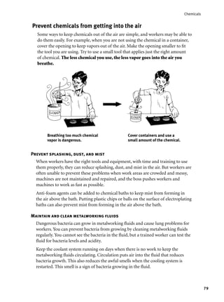 79
Chemicals
Prevent splashing, dust, and mist
When workers have the right tools and equipment, with time and training to use
them properly, they can reduce splashing, dust, and mist in the air. But workers are
often unable to prevent these problems when work areas are crowded and messy,
machines are not maintained and repaired, and the boss pushes workers and
machines to work as fast as possible.
Anti-foam agents can be added to chemical baths to keep mist from forming in
the air above the bath. Putting plastic chips or balls on the surface of electroplating
baths can also prevent mist from forming in the air above the bath.
Maintain and clean metalworking ﬂuids
Dangerous bacteria can grow in metalworking ﬂuids and cause lung problems for
workers. You can prevent bacteria from growing by cleaning metalworking ﬂuids
regularly. You cannot see the bacteria in the ﬂuid, but a trained worker can test the
ﬂuid for bacteria levels and acidity.
Keep the coolant system running on days when there is no work to keep the
metalworking ﬂuids circulating. Circulation puts air into the ﬂuid that reduces
bacteria growth. This also reduces the awful smells when the cooling system is
restarted. This smell is a sign of bacteria growing in the ﬂuid.
Breathing too much chemical
vapor is dangerous.
Cover containers and use a
small amount of the chemical.
Prevent chemicals from getting into the air
Some ways to keep chemicals out of the air are simple, and workers may be able to
do them easily. For example, when you are not using the chemical in a container,
cover the opening to keep vapors out of the air. Make the opening smaller to ﬁt
the tool you are using. Try to use a small tool that applies just the right amount
of chemical. The less chemical you use, the less vapor goes into the air you
breathe.
 