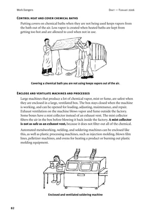 82
Work Dangers DRAFT — FEBRUARY 2006
Control heat and cover chemical baths
Putting covers on chemical baths when they are not being used keeps vapors from
the bath out of the air. Less vapor is created when heated baths are kept from
getting too hot and are allowed to cool when not in use.
Enclose and ventilate machines and processes
Large machines that produce a lot of chemical vapor, mist or fume, are safest when
they are enclosed in a large, ventilated box. The box stays closed when the machine
is working, and can be opened for loading, adjusting, maintenance, and repair.
Exhaust ventilation on the machine blows vapor and fume outside the factory.
Some boxes have a mist collector instead of an exhaust vent. The mist collector
ﬁlters the air in the box before blowing it back inside the factory. A mist collector
is not as safe as an exhaust vent, because it does not ﬁlter out all of the chemical.
Automated metalworking, welding, and soldering machines can be enclosed like
this, as well as plastic processing machines, such as injection molding, blown ﬁlm
lines, pelletizer machines, and ovens for heating a product or burning out plastic
molding equipment.
Covering a chemical bath you are not using keeps vapors out of the air.
Enclosed and ventilated soldering machine
 