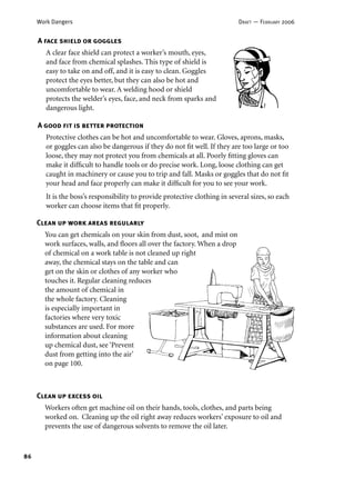 86
Work Dangers DRAFT — FEBRUARY 2006
A face shield or goggles
A clear face shield can protect a worker’s mouth, eyes,
and face from chemical splashes. This type of shield is
easy to take on and off, and it is easy to clean. Goggles
protect the eyes better, but they can also be hot and
uncomfortable to wear. A welding hood or shield
protects the welder’s eyes, face, and neck from sparks and
dangerous light.
A good ﬁt is better protection
Protective clothes can be hot and uncomfortable to wear. Gloves, aprons, masks,
or goggles can also be dangerous if they do not ﬁt well. If they are too large or too
loose, they may not protect you from chemicals at all. Poorly ﬁtting gloves can
make it difﬁcult to handle tools or do precise work. Long, loose clothing can get
caught in machinery or cause you to trip and fall. Masks or goggles that do not ﬁt
your head and face properly can make it difﬁcult for you to see your work.
It is the boss’s responsibility to provide protective clothing in several sizes, so each
worker can choose items that ﬁt properly.
Clean up excess oil
Workers often get machine oil on their hands, tools, clothes, and parts being
worked on. Cleaning up the oil right away reduces workers’ exposure to oil and
prevents the use of dangerous solvents to remove the oil later.
Clean up work areas regularly
You can get chemicals on your skin from dust, soot, and mist on
work surfaces, walls, and ﬂoors all over the factory. When a drop
of chemical on a work table is not cleaned up right
away, the chemical stays on the table and can
get on the skin or clothes of any worker who
touches it. Regular cleaning reduces
the amount of chemical in
the whole factory. Cleaning
is especially important in
factories where very toxic
substances are used. For more
information about cleaning
up chemical dust, see ‘Prevent
dust from getting into the air’
on page 100.
 