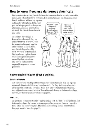 60
Work Dangers DRAFT — FEBRUARY 2006
How to know if you use dangerous chemicals
Workers often know that chemicals in the factory cause headaches, dizziness, skin
rashes, and other short-term problems. But some chemicals can be causing other
health problems without any signs of
sickness for a long time. To know if
you are being exposed to dangerous
chemicals, you need information
about all the chemicals used where
you work.
All workers have a right to
know which chemicals they are
exposed to from their jobs. This
includes the chemicals used by
other workers in the factory,
and chemicals produced by
work processes and machines.
Workers have a right to know
what health problems can be
caused by these chemicals,
and how to work as safely
as possible to prevent health
problems.
We won’t use
chemicals
without
knowing how
they can harm
our health.
We need
training
and tools
to use them
more safely.
How to get information about a chemical
Survey workers
Ask workers what health problems they notice from chemicals they are exposed
to at work. Do they feel ill at work or after work? Do they feel better when they
are away from work for a few days? Ask if they know what chemicals they use,
and collect the names and labels of these chemicals. For more information about
surveys, see ‘Survey your coworkers’ on page xx.
The label
All chemical containers should be clearly labeled with the name of the chemical and
information about the known health dangers of the contents. In some countries,
these labels are required by law. The labels and warnings should be in the local
language workers read. See page 77.
 