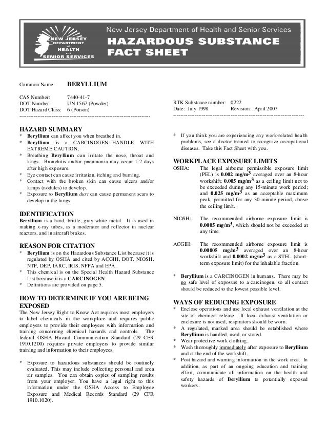 beryllium hazardous substance fact sheet chemical information sheet