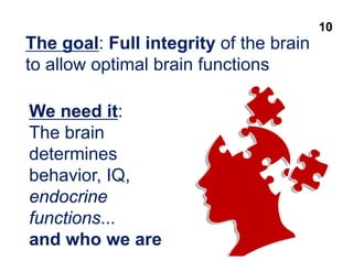 The goal: Full integrity of the brain
to allow optimal brain functions
We need it:
The brain
determines
behavior, IQ,
endocrine
functions...
and who we are
10
 