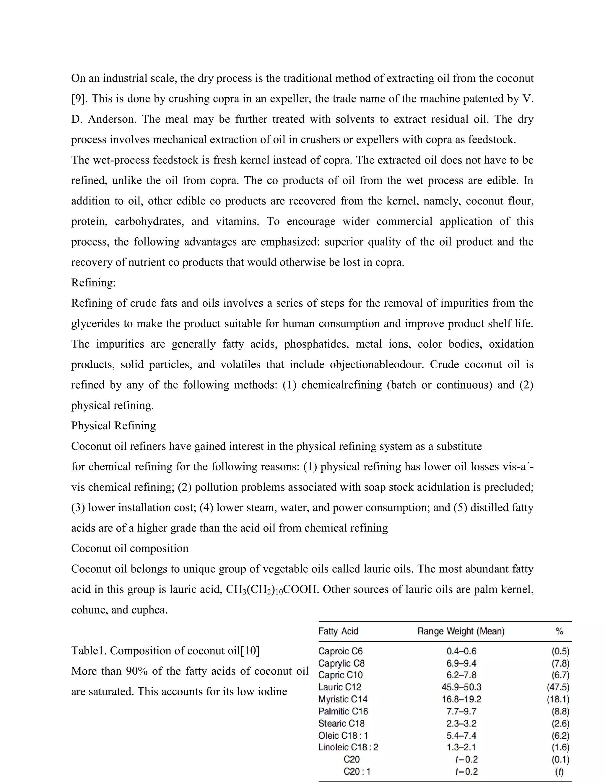 On an industrial scale, the dry process is the traditional method of extracting oil from the coconut
[9]. This is done by crushing copra in an expeller, the trade name of the machine patented by V.
D. Anderson. The meal may be further treated with solvents to extract residual oil. The dry
process involves mechanical extraction of oil in crushers or expellers with copra as feedstock.
The wet-process feedstock is fresh kernel instead of copra. The extracted oil does not have to be
refined, unlike the oil from copra. The co products of oil from the wet process are edible. In
addition to oil, other edible co products are recovered from the kernel, namely, coconut flour,
protein, carbohydrates, and vitamins. To encourage wider commercial application of this
process, the following advantages are emphasized: superior quality of the oil product and the
recovery of nutrient co products that would otherwise be lost in copra.
Refining:
Refining of crude fats and oils involves a series of steps for the removal of impurities from the
glycerides to make the product suitable for human consumption and improve product shelf life.
The impurities are generally fatty acids, phosphatides, metal ions, color bodies, oxidation
products, solid particles, and volatiles that include objectionableodour. Crude coconut oil is
refined by any of the following methods: (1) chemicalrefining (batch or continuous) and (2)
physical refining.
Physical Refining
Coconut oil refiners have gained interest in the physical refining system as a substitute
for chemical refining for the following reasons: (1) physical refining has lower oil losses vis-a´-
vis chemical refining; (2) pollution problems associated with soap stock acidulation is precluded;
(3) lower installation cost; (4) lower steam, water, and power consumption; and (5) distilled fatty
acids are of a higher grade than the acid oil from chemical refining
Coconut oil composition
Coconut oil belongs to unique group of vegetable oils called lauric oils. The most abundant fatty
acid in this group is lauric acid, CH3(CH2)10COOH. Other sources of lauric oils are palm kernel,
cohune, and cuphea.
Table1. Composition of coconut oil[10]
More than 90% of the fatty acids of coconut oil
are saturated. This accounts for its low iodine
 
