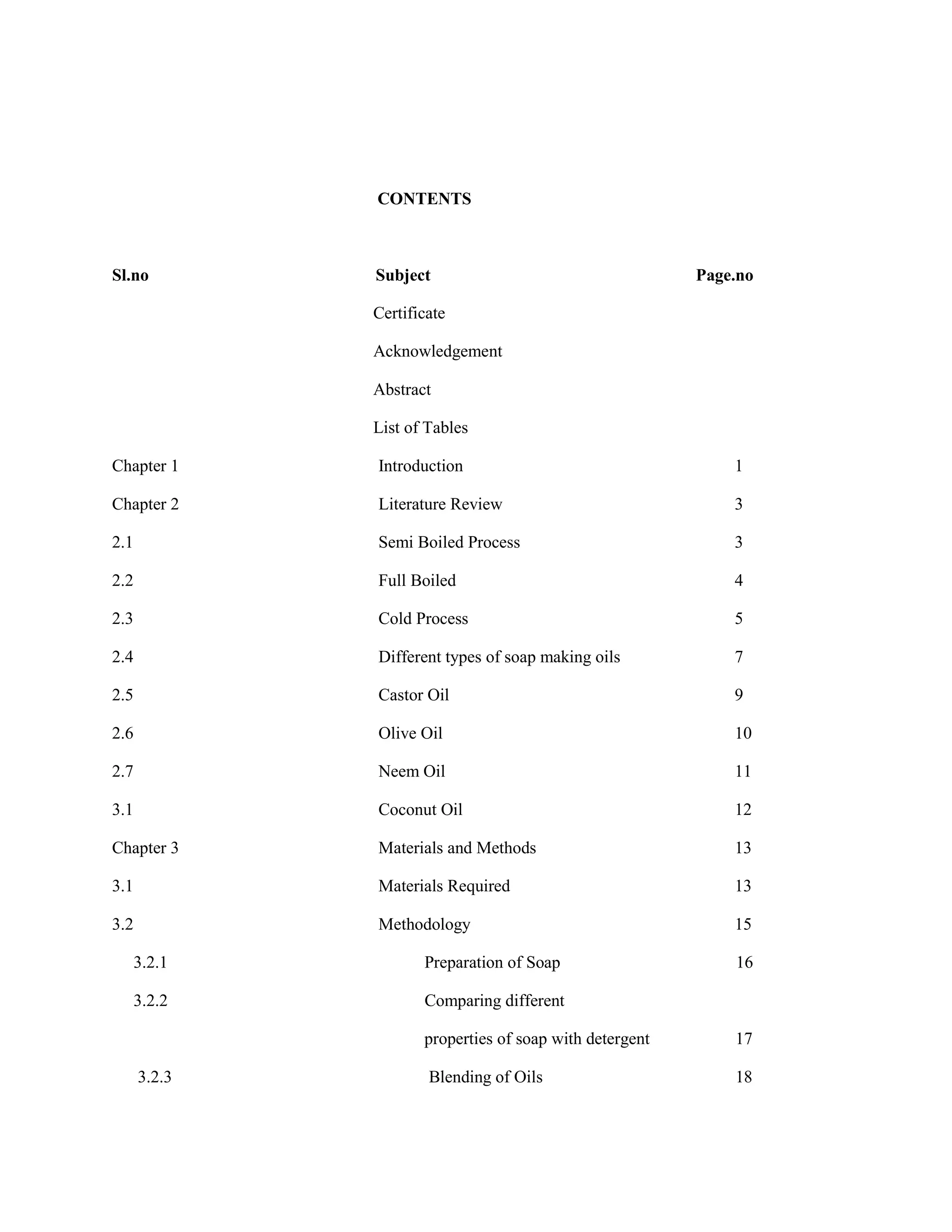 CONTENTS
Sl.no Subject Page.no
Certificate
Acknowledgement
Abstract
List of Tables
Chapter 1 Introduction 1
Chapter 2 Literature Review 3
2.1 Semi Boiled Process 3
2.2 Full Boiled 4
2.3 Cold Process 5
2.4 Different types of soap making oils 7
2.5 Castor Oil 9
2.6 Olive Oil 10
2.7 Neem Oil 11
3.1 Coconut Oil 12
Chapter 3 Materials and Methods 13
3.1 Materials Required 13
3.2 Methodology 15
3.2.1 Preparation of Soap 16
3.2.2 Comparing different
properties of soap with detergent 17
3.2.3 Blending of Oils 18
 