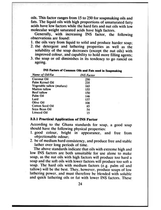 -
INS Factors of Common Oils and Fats wed in Soapmaking
Name of OillFat INS Factor
Coconut Oil 250
Palm Kernel Oil 235
Vcgctablc tallow (mafura ) 165
Mutton tallow 155
Beef tallow 150
Palm Oil 146
Lard I37
Olive Oil 108
Cotton Seed Oil 85
Soya Bean Oil 54
Linseed Oil I5
3.3.1 Practical Application of INS Factor
According to the Ghana standards for soap?a good soap
should have the following physical properties:
1. good colour, bright in appearance, and free from
objectionable odour;
oils. This factor rangesfrom 15to 250for soapmakingoils and
fats. The liquid oils with high proportions of unsaturatedfatty
acidshavelow factors while the hard fats and nut oils with low
molecular weight saturated acidshave high factors.
Generally, with increasing INS factor, the following
observationsare found:
1. the oils vary from liquid to solid and produce harder soap;
2. the detergent and lathering properties as well as the
solubility of the soap decreases(except the nut oils) with
improved colour, and capability to hold more filling agents;
3. the soap or oil diminishes in its tendency to go rancid on
ageing.
2. be of medium hard consistency,and producefree and stable
lather over long periods of time.
The abovestandardsindicate that oils with extreme high and
low INS factors are both unsuitable for use alone to make
soap, asthe nut oils with high factors will produce too hard a
soapand the soft oils with lower factors will produce too soft a
soap. The hard oils with medium factors (e.g. palm oil and
tallow) will be the best. They, however, produce soapsof low
lathering power, and must therefore be blended with soluble
and quick lathering oils or fit with lower INS factors. These
24
 