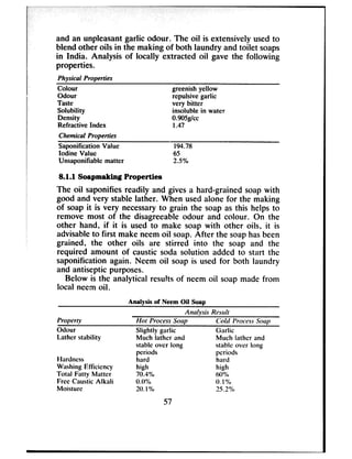 and an unpleasantgarlic odour. The oil is extensively usedto
blend other oils in the making of both laundry and toilet soaps
in India. Analysis of locally extracted oil gave the following
properties.
Physical Properties
Colour
Odour
Taste
Solubility
Density
Refractive Index
Chemical Properties
greenish yellow
repulsive garlic
very bitter
insoluble in water
0.905gkC
1.47
Saponification Value 194.78
Iodine Value 65
Unsaponifiable matter 2.5%
8.1 .l Soapmaking Properties
The oil saponifies readily and gives a hard-grained soapwith
good and very stable lather. When usedalone for the making
of soap it is very necessaryto grain the soap as this helps to
remove most of the disagreeableodour and colour. On the
other hand, if it is used to make soap with other oils, it is
advisableto first make neemoil soap.After the soaphasbeen
grained, the other oils are stirred into the soap and the
required amount of caustic soda solution added to start the
saponification again. Neem oil soap is used for both laundry
and antiseptic purposes.
Below is the analytical results of neem oil soap made from
local neemoil.
Analysis of Neem Oil Soap
Slightly garlic Garlic
Much lather and Much lather and
stable over long stable over long
periods periods
hard hard
high high
70.4% 60%
0.0% 0. I %
20.1% 25.2%
57
Odour
Lather stability
Hardness
Washing Efficiency
Total Fatty Matter
Free Caustic Alkali
Moisture
 