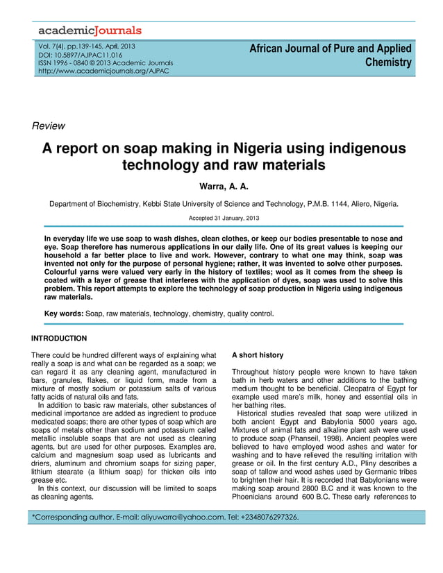 Soap Making in Nigeria using Indigenous Technology & Raw Materials A
