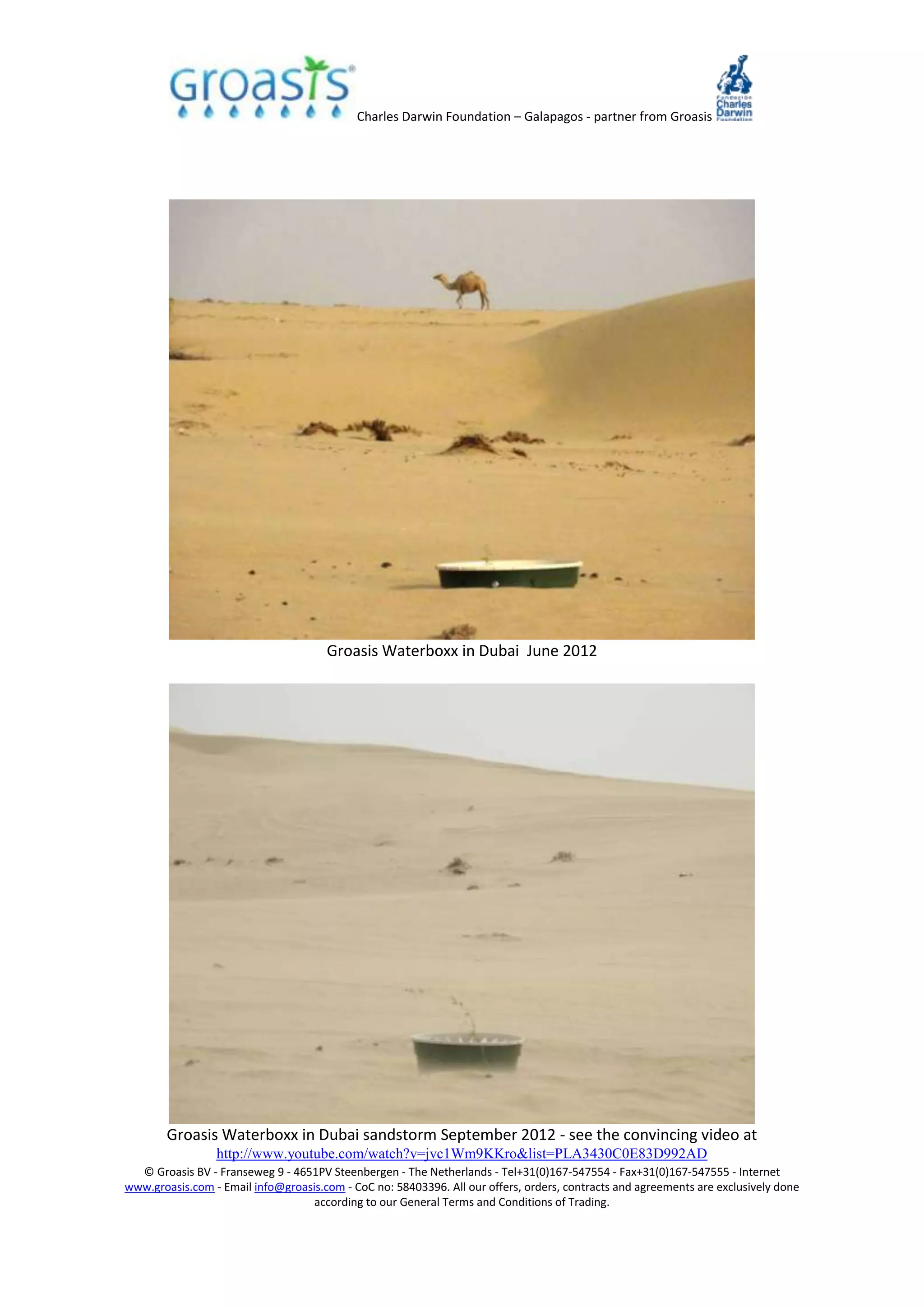 Charles Darwin Foundation – Galapagos - partner from Groasis
© Groasis BV - Franseweg 9 - 4651PV Steenbergen - The Netherlands - Tel+31(0)167-547554 - Fax+31(0)167-547555 - Internet
www.groasis.com - Email info@groasis.com - CoC no: 58403396. All our offers, orders, contracts and agreements are exclusively done
according to our General Terms and Conditions of Trading.
Groasis Waterboxx in Dubai June 2012
Groasis Waterboxx in Dubai sandstorm September 2012 - see the convincing video at
http://www.youtube.com/watch?v=jvc1Wm9KKro&list=PLA3430C0E83D992AD
 