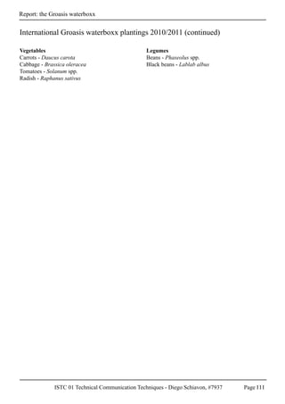 ISTC 01 Technical Communication Techniques - Diego Schiavon, #7937 Page I I I
Report: the Groasis waterboxx
Vegetables
Carrots - Daucus carota
Cabbage - Brassica oleracea
Tomatoes - Solanum spp.
Radish - Raphanus sativus
Legumes
Beans - Phaseolus spp.
Black beans - Lablab albus
International Groasis waterboxx plantings 2010/2011 (continued)
 