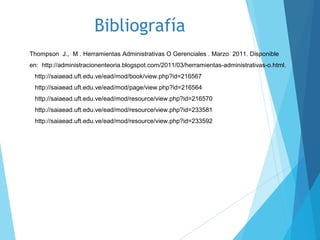 Bibliografía
Thompson J., M . Herramientas Administrativas O Gerenciales . Marzo 2011. Disponible
en: http://administracionenteoria.blogspot.com/2011/03/herramientas-administrativas-o.html.
http://saiaead.uft.edu.ve/ead/mod/book/view.php?id=216567
http://saiaead.uft.edu.ve/ead/mod/page/view.php?id=216564
http://saiaead.uft.edu.ve/ead/mod/resource/view.php?id=216570
http://saiaead.uft.edu.ve/ead/mod/resource/view.php?id=233581
http://saiaead.uft.edu.ve/ead/mod/resource/view.php?id=233592
 
