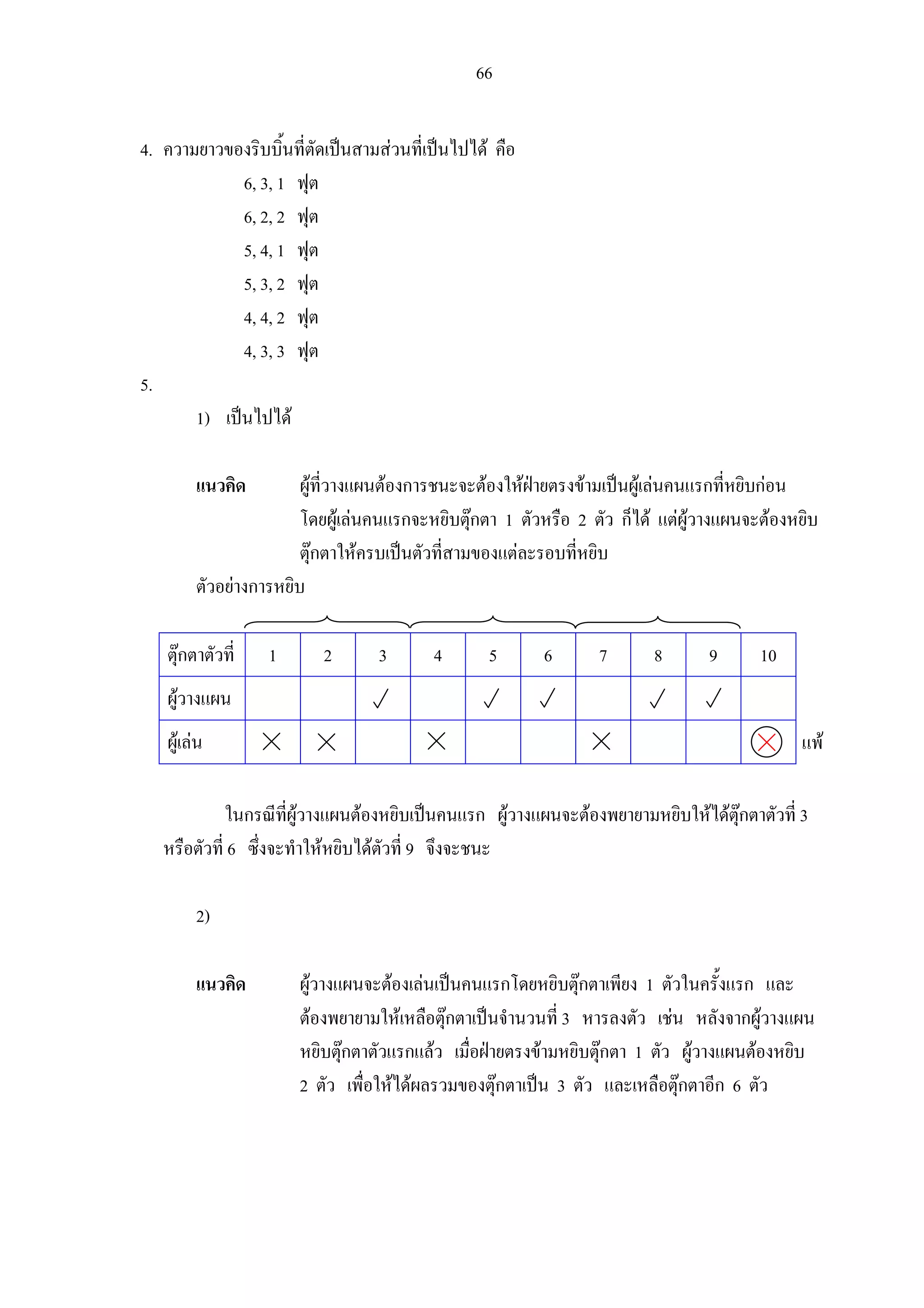 66
4. ความยาวของริบบิ้นที่ตัดเปนสามสวนที่เปนไปได คือ
6, 3, 1 ฟุต
6, 2, 2 ฟุต
5, 4, 1 ฟุต
5, 3, 2 ฟุต
4, 4, 2 ฟุต
4, 3, 3 ฟุต
5.
1) เปนไปได
แนวคิด ผูที่วางแผนตองการชนะจะตองใหฝายตรงขามเปนผูเลนคนแรกที่หยิบกอน
โดยผูเลนคนแรกจะหยิบตุกตา 1 ตัวหรือ 2 ตัว ก็ได แตผูวางแผนจะตองหยิบ
ตุกตาใหครบเปนตัวที่สามของแตละรอบที่หยิบ
ตัวอยางการหยิบ
ตุกตาตัวที่ 1 2 3 4 5 6 7 8 9 10
ผูวางแผน
ผูเลน
ในกรณีที่ผูวางแผนตองหยิบเปนคนแรก ผูวางแผนจะตองพยายามหยิบใหไดตุกตาตัวที่ 3
หรือตัวที่ 6 ซึ่งจะทําใหหยิบไดตัวที่ 9 จึงจะชนะ
2)
แนวคิด ผูวางแผนจะตองเลนเปนคนแรกโดยหยิบตุกตาเพียง 1 ตัวในครั้งแรก และ
ตองพยายามใหเหลือตุกตาเปนจํานวนที่ 3 หารลงตัว เชน หลังจากผูวางแผน
หยิบตุกตาตัวแรกแลว เมื่อฝายตรงขามหยิบตุกตา 1 ตัว ผูวางแผนตองหยิบ
2 ตัว เพื่อใหไดผลรวมของตุกตาเปน 3 ตัว และเหลือตุกตาอีก 6 ตัว
แพ
 