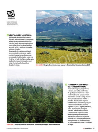 100 GE GEOGRAFIA 2018
5
Vegetação mediterrânea
Tundra
Vegetação de montanha
Floresta de coníferas
Floresta tropical
Estepe/pradaria/pampas
Savana/cerrado
Floresta temperada
Deserto
Fonte: The Times Concise Atlas of the World
BIOSFERA VEGETAÇÃO NO MUNDO
As diferentes
paisagens
do planeta
Conheça as características
e a localização dos principais
tipos de formação vegetal
do planeta
N
a Geografia, as diferentes for-
mações vegetais da Terra são
analisadas do ponto de vista da
distribuiçãogeográfica,dascaracterísti-
casfisionômicasedassuasrelaçõescom
o clima, o relevo, os solos e o substrato
rochoso.Oestudodavegetaçãotambém
deve ser feito sob o ponto de vista da
exploração econômica pelo homem e
as consequências socioambientais da
derrubada das florestas.
Veja a seguir as principais formações
vegetais do planeta, onde elas se loca-
lizam e quais são suas características
mais marcantes.
1 DESERTO
Nos desertos, a vegetação é esparsa e
de poucas espécies. Como as regiões
áridas têm índices pluviométricos
abaixo de 250 milímetros ao ano, as
plantas são xeromórficas, ou seja,
adaptadas à ausência de chuvas – os
cactos, por exemplo, armazenam água
e desenvolvem espinhos no lugar das
folhas, para reduzir a evapotranspiração
(perda de água na fotossíntese).
Nos desertos frios, que ficam em altas
latitudes (Patagônia, por exemplo, na
América do Sul), as temperaturas variam
pouco durante o dia. Já os desertos
quentes, como do Atacama, da Austrália
e do Saara, ficam em regiões tropicais e,
no decorrer do dia, apresentam grande
variação de temperatura, despencando
de mais de 40 ºC durante o dia para
índices abaixo de zero à noite.
TIPOS DE VEGETAÇÃO NO MUNDO
RESISTENTES Nos desertos, como o do Atacama
(Chile), as plantas são adaptadas à falta de água
[1]
VENDA PROIBIDA
 