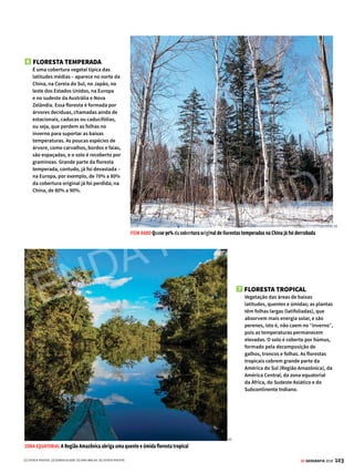 102 GE GEOGRAFIA 2018
5
4 TUNDRA
Desenvolve-se em uma das regiões mais frias do mundo, a do clima subpolar, como no norte da Rússia. Ela
é formada por musgos e algumas espécies herbáceas que aparecem no solo somente nos poucos meses de
degelo, quando o verão eleva a temperatura para 4 ºC, em média. No resto do ano, o solo fica coberto de neve,
motivo pelo qual é denominado permafrost (permanentemente congelado). Por ter uma relação direta com o
degelo nas regiões subpolares, a tundra é utilizada como bioindicador para o estudo de possíveis aumentos
das temperaturas globais e suas consequências nesse frágil bioma.
5 ESTEPE (CAMPOS, PAMPAS,
PRADARIAS)
Típica de áreas de clima temperado
continental, a estepe é uma formação
vegetal pobre, sem árvores,
constituída basicamente de gramíneas,
que se estende sobretudo em regiões
planas, podendo ser encontrada
também em relevo montanhoso, como
nos planaltos tibetanos. Dependendo
da área onde se localiza, recebe um
nome diferente: campos, no Brasil;
pampas, na Argentina; e pradaria, nos
Estados Unidos e no Canadá. Essa flora
também é encontrada na África, na
Ásia Central e em trechos da Austrália.
Por ser constituída de gramíneas,
que são pastagens naturais, é
comum encontrar, nessas regiões,
a agropecuária como atividade
econômica principal. O relevo plano e
o solo fértil em algumas dessas áreas
favorece a produção agrícola.
BIOSFERA VEGETAÇÃO NO MUNDO
VEGETAÇÃO SUBPOLAR A tundra, formada por musgos e herbáceas, aparece nos poucos meses do degelo em regiões como Manitoba, no Canadá
AGROPECUÁRIA As pradarias norte-americanas possuem solos férteis e uma pastagem natural
[1]
[2]
VENDA PROIBIDA
 