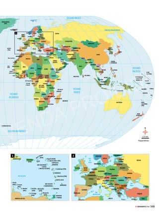 CÍRCULOPOLARA
N
T
Á
R
T
I
C
O
OCEANOATLÂNTICO
OCEANOPACÍFICO
POLOSUL
Mar de Weddell
MardeDavis
MardeRoss
MardeAmundsen
MardeBellingshausen
CÍRCULOPOLARÁR
T
I
C
O
RÚSSIA
GROENLÂNDIA
Finlândia
Suécia
Islândia
Noruega
ALASCA
CANADÁ
POLONORTE
POLO SUL
POLO NORTE
ILHASFALKLAND
(MALVINAS)
PANAMÁ
ARGENTINA
COLÔMBIA
EQUADOR
PERU
VENEZUELA
BRASIL
ANTÁRTICA
BOLÍVIA
CHILE
URUGUAI
PARAGUAI
GUIANAFRANCESA
SURINAME
GUIANA
PORTO
RICO
REP.DOMINICANA
HAITI
JAMAICA
CUBA
NICARÁGUA
COSTARICA
HONDURAS
BELIZE
GUATEMALA
ELSALVADOR
MÉXICO
BAHAMAS
ESTADOSUNIDOS
DAAMÉRICA
CANADÁ
ALASCA
(EUA)
RÚSSIA
ILHASHAVAÍ
(EUA)
ILHASSAMOA
TONGA
OCEANO
PACÍFICO
OCEANO
ATLÂNTICO
TRÓPICODECAPRICÓRNIO
TRÓPICODECÂNCER
CÍRCULOPOLARANTÁRTICO
EQUADOR
I.Marquesas
(FRA)
I.Tahiti
(FRA)
P
O
L
I
N
É
S
I
A
A
m
.
L
a
t
.
e
C
a
r
i
b
e
Á
f
r
i
c
a
Á
s
i
a
A
m
.
d
o
N
o
r
t
e
E
u
r
o
p
a
O
c
e
a
n
i
a
1.216,1
360,5
641
Á
f
r
i
c
a
A
m
.
L
a
t
.
e
C
a
r
i
b
e
Á
s
i
a
A
m
.
d
o
N
o
r
t
e
E
u
r
o
p
a
O
c
e
a
n
i
a
40,2
31,8
19,3
98,4
71,2
4,6
Á
f
r
i
c
a
A
m
.
d
o
N
o
r
t
e
A
m
.
L
a
t
.
e
C
a
r
i
b
e
Á
s
i
a
E
u
r
o
p
a
O
c
e
a
n
i
a
40,1
79,5 82,6
48,7
74,2 71,3
Em milhões, 2016
POPULAÇÃO
Habitantes/km², 2016
DENSIDADE
Em %, 2016
POPULAÇÃO URBANA
Fonte: Banco Mundial e ONU
0
1.000
2.000
3.000
4.000
5.000
4.436,2
738,8
39,6
0
10
30
50
70
20
40
60
90
80
0
20
10
30
40
50
70
90
60
80
118 GE GEOGRAFIA 2018
ATLAS MUNDO
VENDA PROIBIDA
 