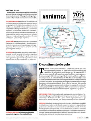 122 GE GEOGRAFIA 2018
ATLAS MUNDO
AMÉRICA
72%
do produto interno bruto
das Américas é gerado
nos Estados Unidos
Trêsemum
S
egundo continente mais extenso, com
área de 42 milhões de quilômetros qua-
drados, a América é formada por duas
grandes massas de terra (América do Norte e
América do Sul), unidas por uma estreita faixa
(América Central). Um sistema de cadeias mon-
tanhosas percorre o território em sua porção
oeste, sem interrupção, desde o Estreito de
Magalhães, no extremo sul, até o Estreito de
Bering, no extremo norte.
Nenhum continente apresenta tamanho dese-
quilíbrioregionalquantoaAmérica.Aonorte,os
Estados Unidos (EUA) e o Canadá são duas das
maisdesenvolvidasnaçõesdoplaneta,enquantoos
outrospaíses–quecompõemaAméricaLatina–
estãonumníveldedesenvolvimentobeminferior.
AMÉRICA DO NORTE
A América do Norte é ocupada por três grandes paí-
ses: Canadá, EUA – bastante desenvolvidos – e México,
menos desenvolvido.
DISTRIBUIÇÃO FÍSICA Compreende uma área de 23,4
milhões de quilômetros quadrados. Suas principais
elevações se localizam a oeste, enquanto a maior bacia
hidrográfica,adoMississippi-Missouri,sesituaaleste.A
maiorilhadomundoficanaAméricadoNorte:Groenlân-
dia, com quase 2,2 milhões de quilômetros quadrados.
Naporçãonorte,declimacontinentalfrio,predominam
as florestas de coníferas; o centro e o sudeste, de clima
continental, são ocupados por florestas temperadas e
pradarias; no sudoeste, há desertos.
POPULAÇÃOAbrigacercade489,2milhõesdehabitantes
em2016.Amaioriadescendedecolonizadoreseuropeus,
de escravos africanos e de vários grupos de imigrantes.
Os principais centros urbanos encontram-se na Cidade
do México, em Nova York e Los Angeles.
ECONOMIA É plenamente industrializada nos Estados
Unidos e no Canadá e, em menor grau, no México. A
América do Norte apresenta agricultura altamente me-
canizada, com destaque para a produção de cereais,
milho, soja e laranja. Além disso, possui vastas reservas
de combustíveis fósseis e minérios.
AMÉRICA CENTRAL
A região, que responde por apenas 1,8% do Produto Interno Bruto (PIB) da Amé-
rica, sobrevive basicamente da agricultura e do turismo. Pelo Canal do Panamá, a
principal passagem entre o Oceano Atlântico e o Pacífico, circulam 5% de todo o
comércio marítimo mundial. A região abriga, ainda, a única nação comunista do
continente americano: Cuba.
DISTRIBUIÇÃO FÍSICA A América Central, com 748,6 mil quilômetros quadrados, é
formadapeloistmoqueuneaAméricadoNorteàAméricadoSulepelasilhasdoMardo
Caribe.Oterritóriocentro-americanopossuirelevomontanhoso,comváriosvulcõesativos.
Noverão,oCaribeéassoladoporfuracões,comventosdeaté300quilômetrosporhora.
POPULAÇÃOReúne89,9milhõesdehabitantesem2016.Aregiãoépovoadaemgran-
de parte por mestiços, descendentes de índios, africanos e colonizadores europeus.
ECONOMIA A agricultura emprega a maioria da população. A industrialização é
incipiente e limita-se ao processamento de produtos agrícolas. O turismo na região
do Caribe está em plena expansão.
FENDA CONTINENTAL
Navios cruzam o Canal
do Panamá, que liga os
oceanos Atlântico e Pacífico
BELEZA AMERICANA O Grand Canyon, nos Estados Unidos,
tem paredões com quase 2 mil metros de altura
[1]
[2]
VENDA PROIBIDA
 